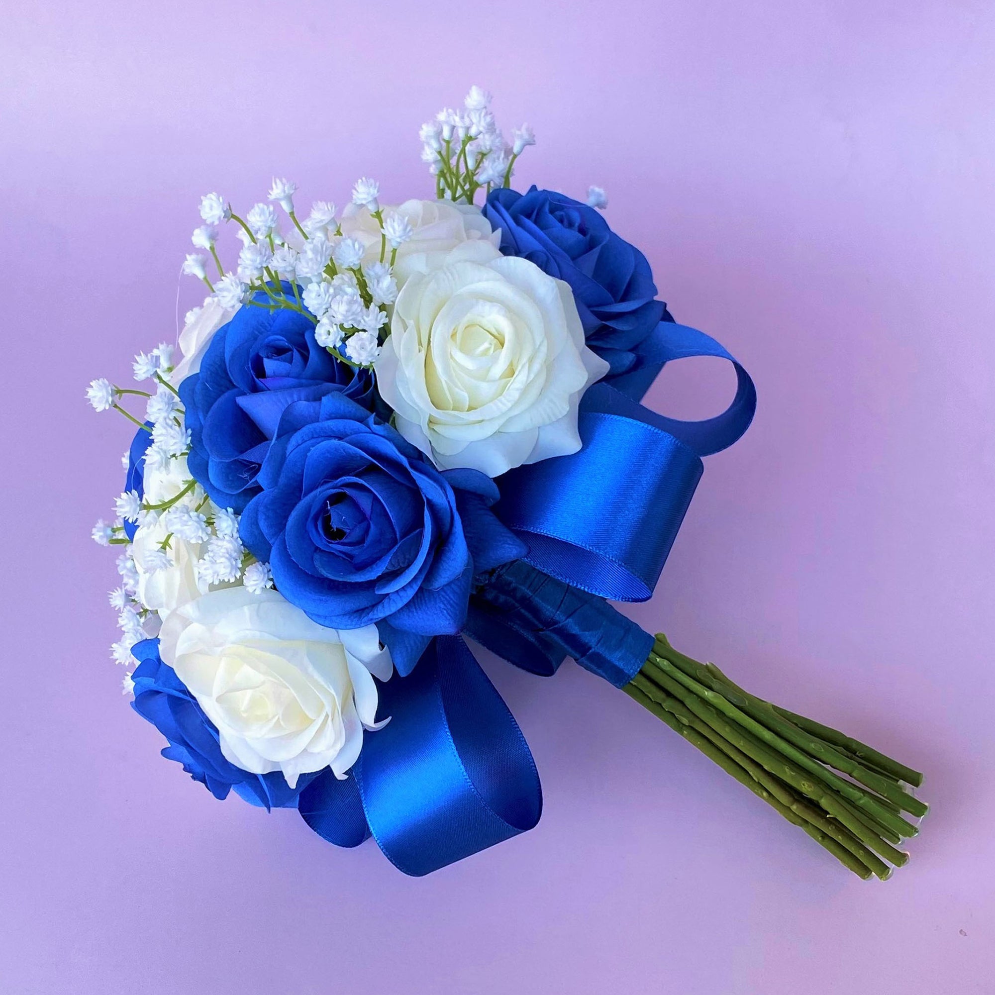 Royal Blue White Rose Bridesmaids Bouquet 8 inch