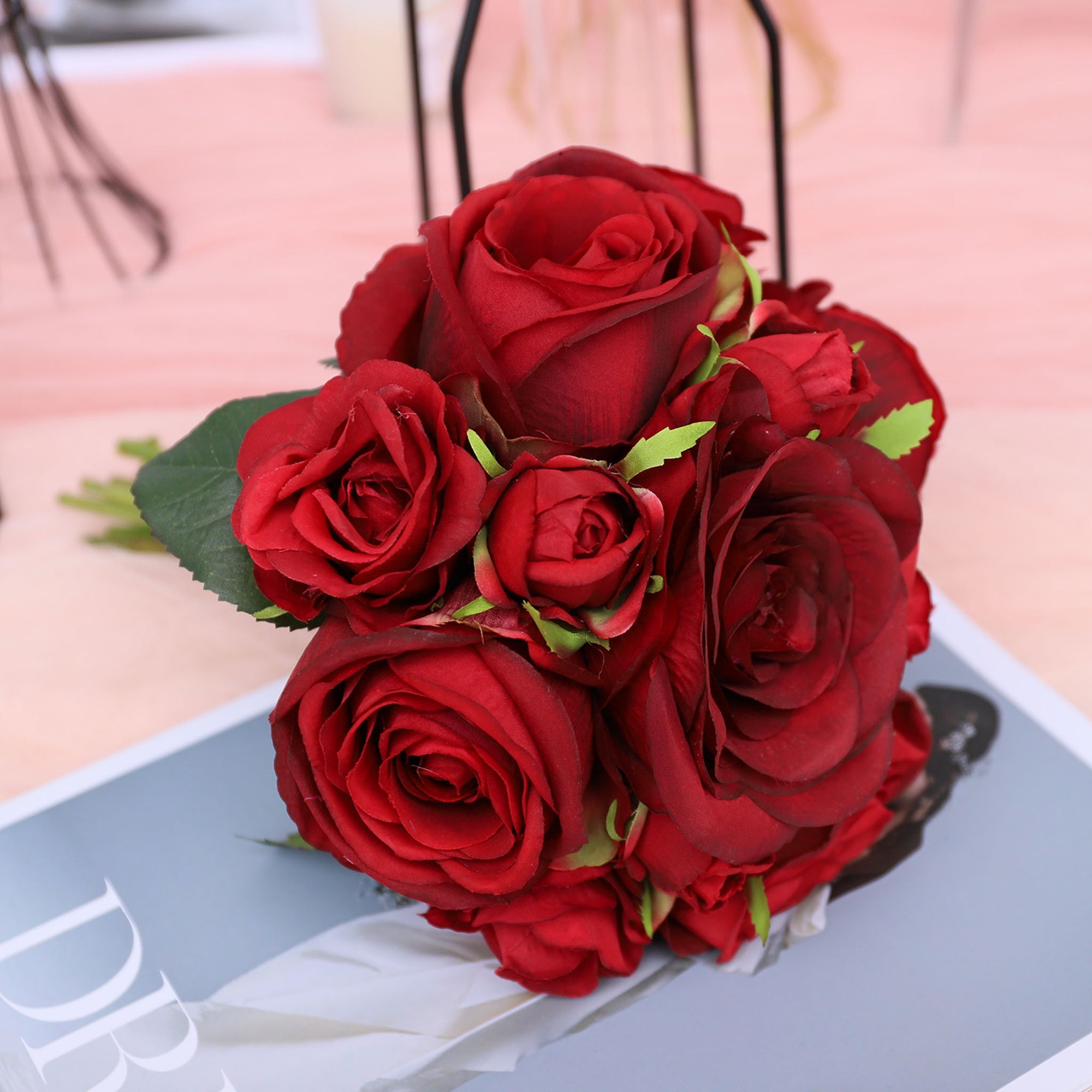 Dark Red Bouquet Artificial Silk Rose Flower Bundle Maroon Wedding Flowers