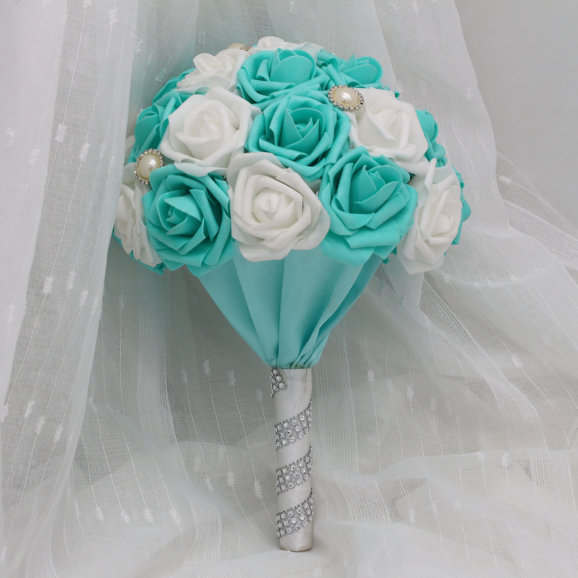 Bridal Flower Bouquet Teal and White Roses Artificial Bouquet