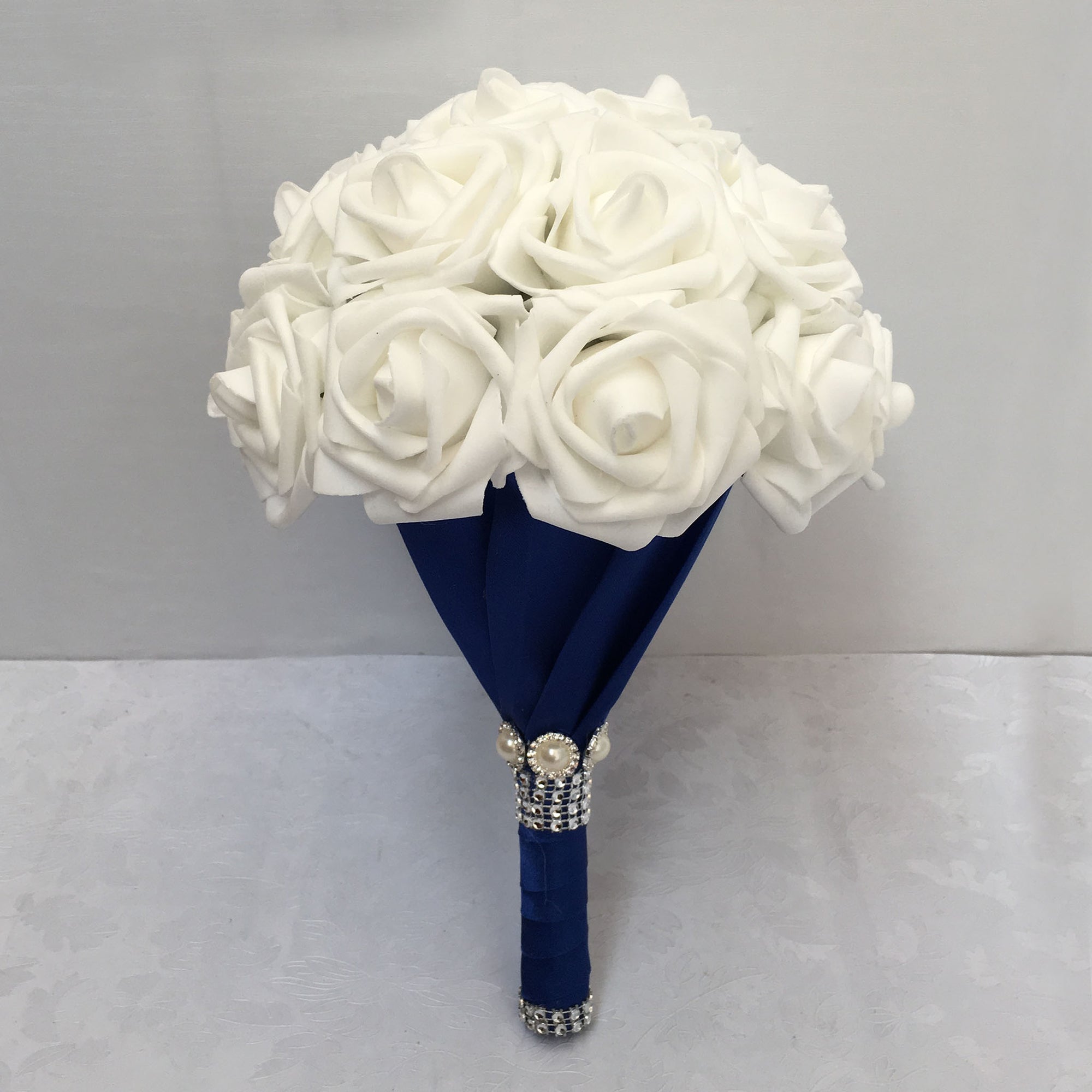 White Rose Bridal Bouquet with Royal Blue Ribbon
