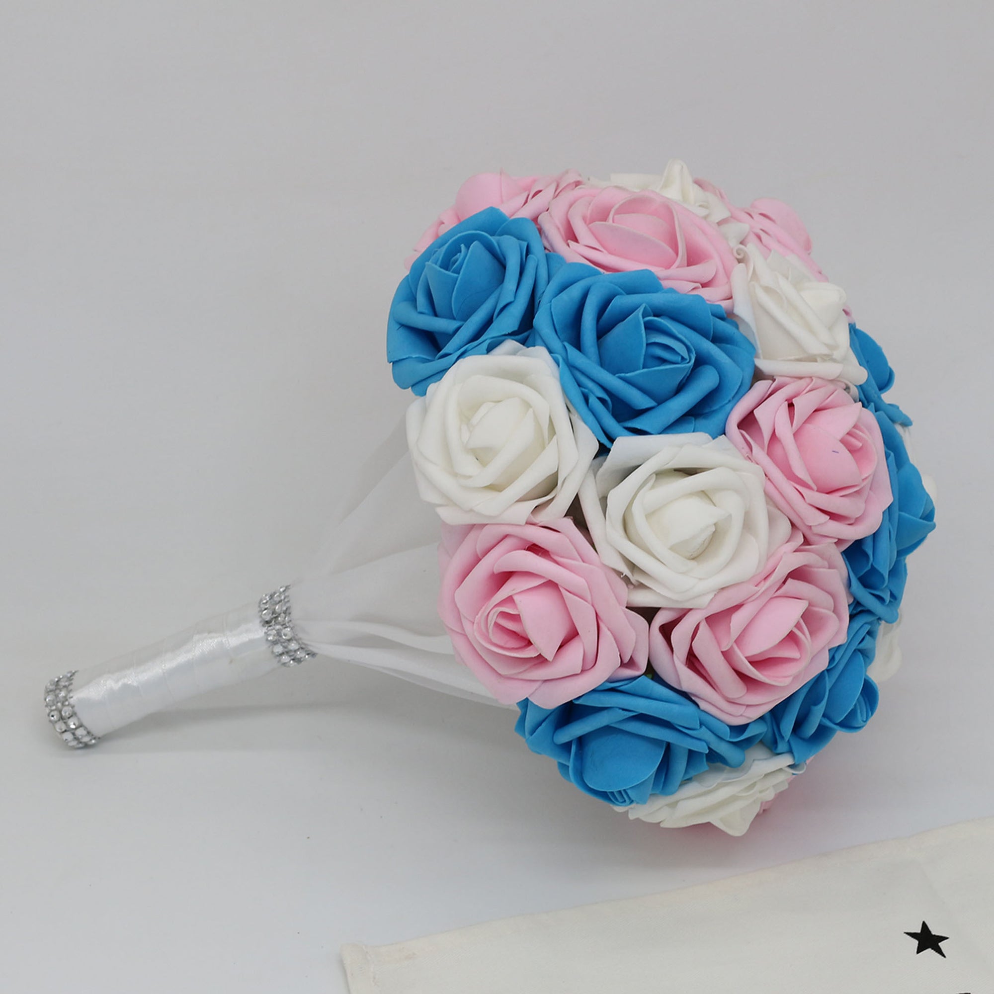 Turquoise White Pink Bridal Bouquet Fake Roses