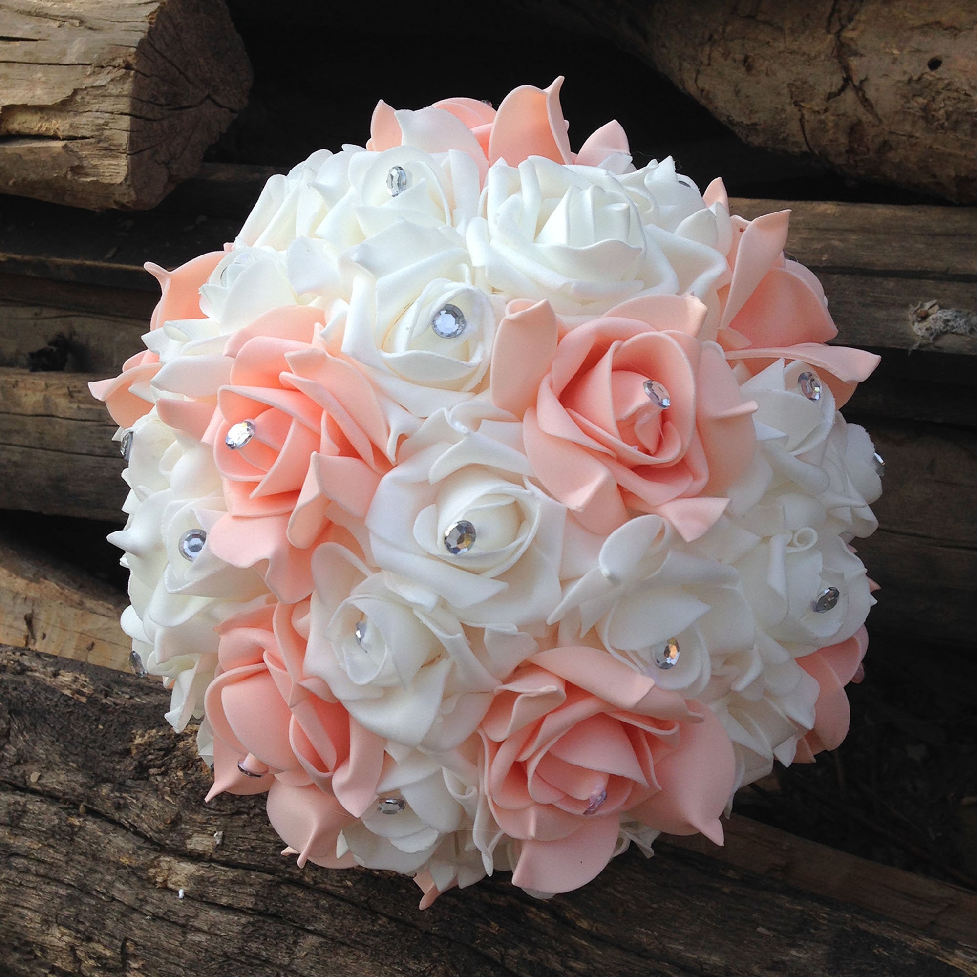 Peach White Wedding Bouquet for Bride Artificial Flowers Crystals