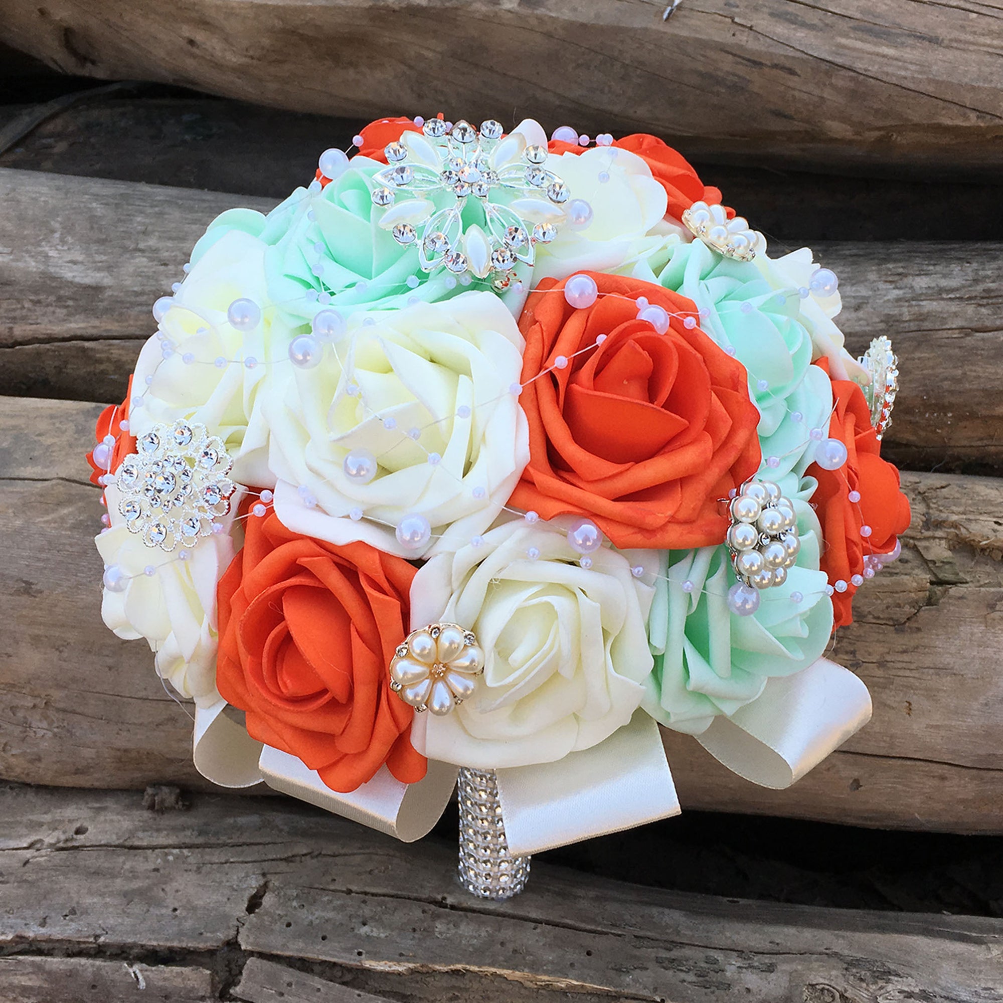 Coral Mint Ivory Bridal Bouquet Artificial Wedding Flowers