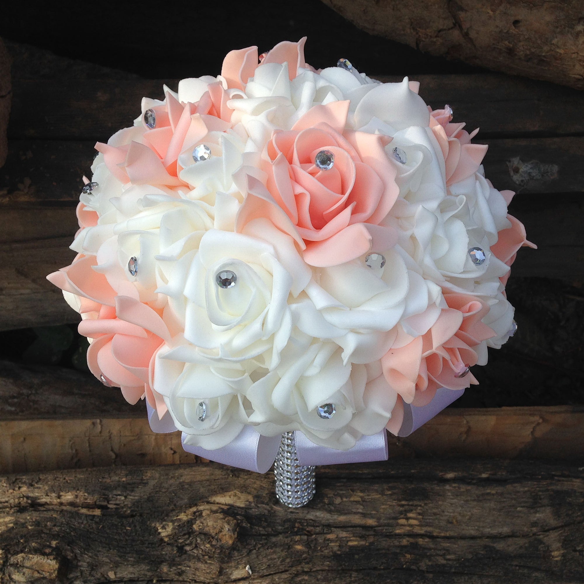 Peach White Wedding Bouquet for Bride Artificial Flowers Crystals