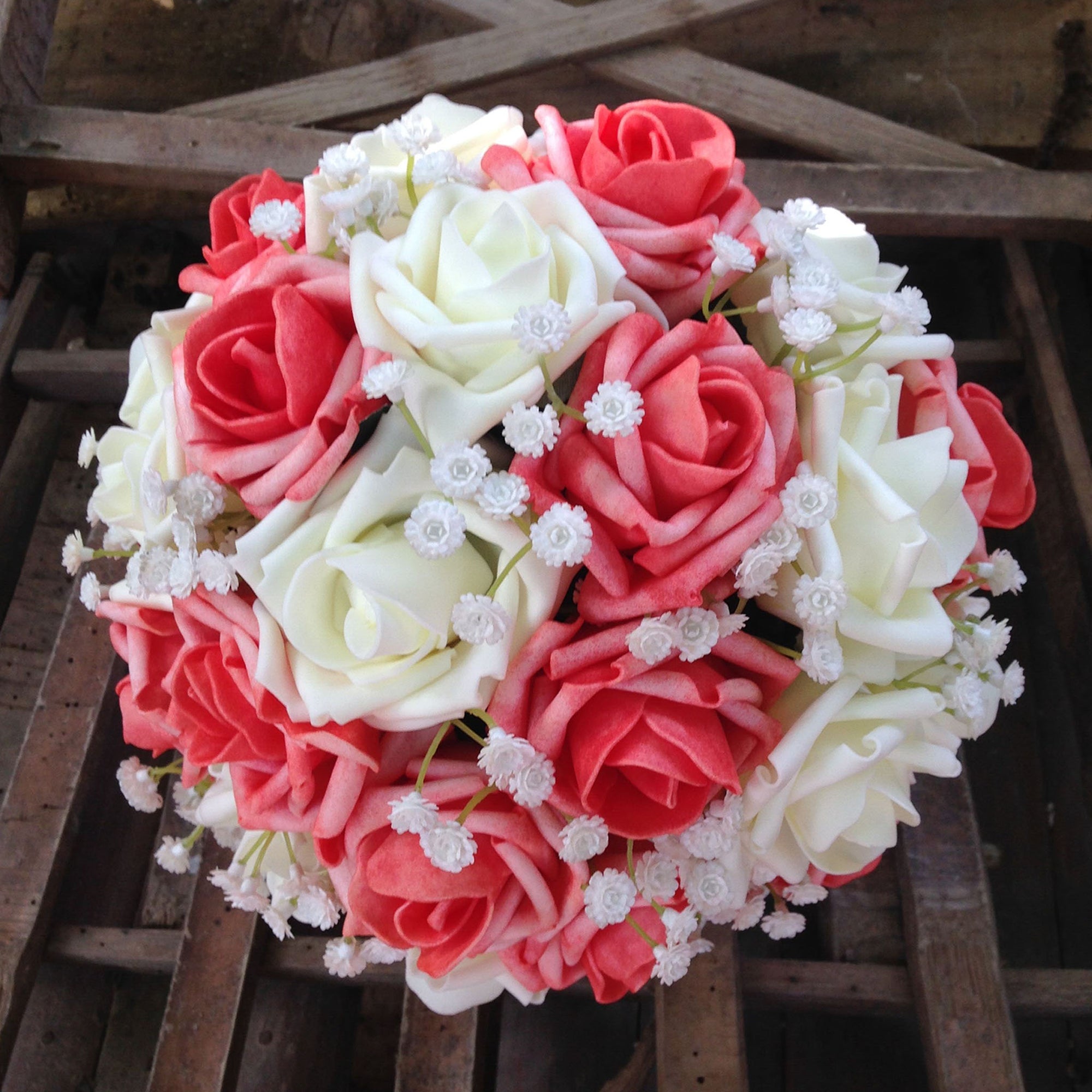Flower Bouquet Artificial Roses Coral Ivory for Bridal Bridesmaids
