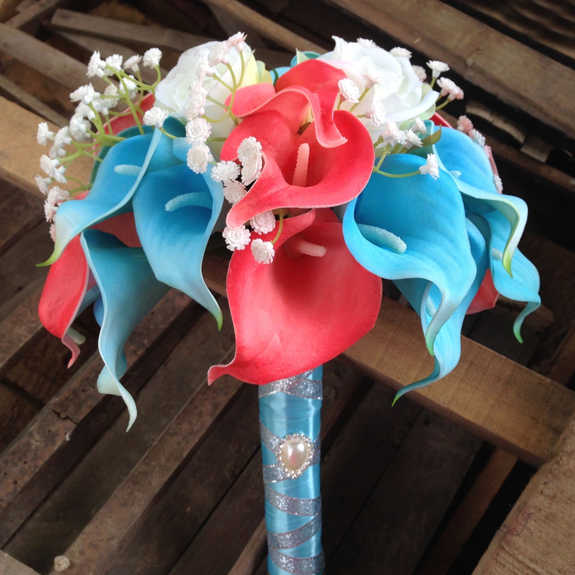 Turquoise and Coral Calla Lily Bouquet for Bridal Wedding Flowers