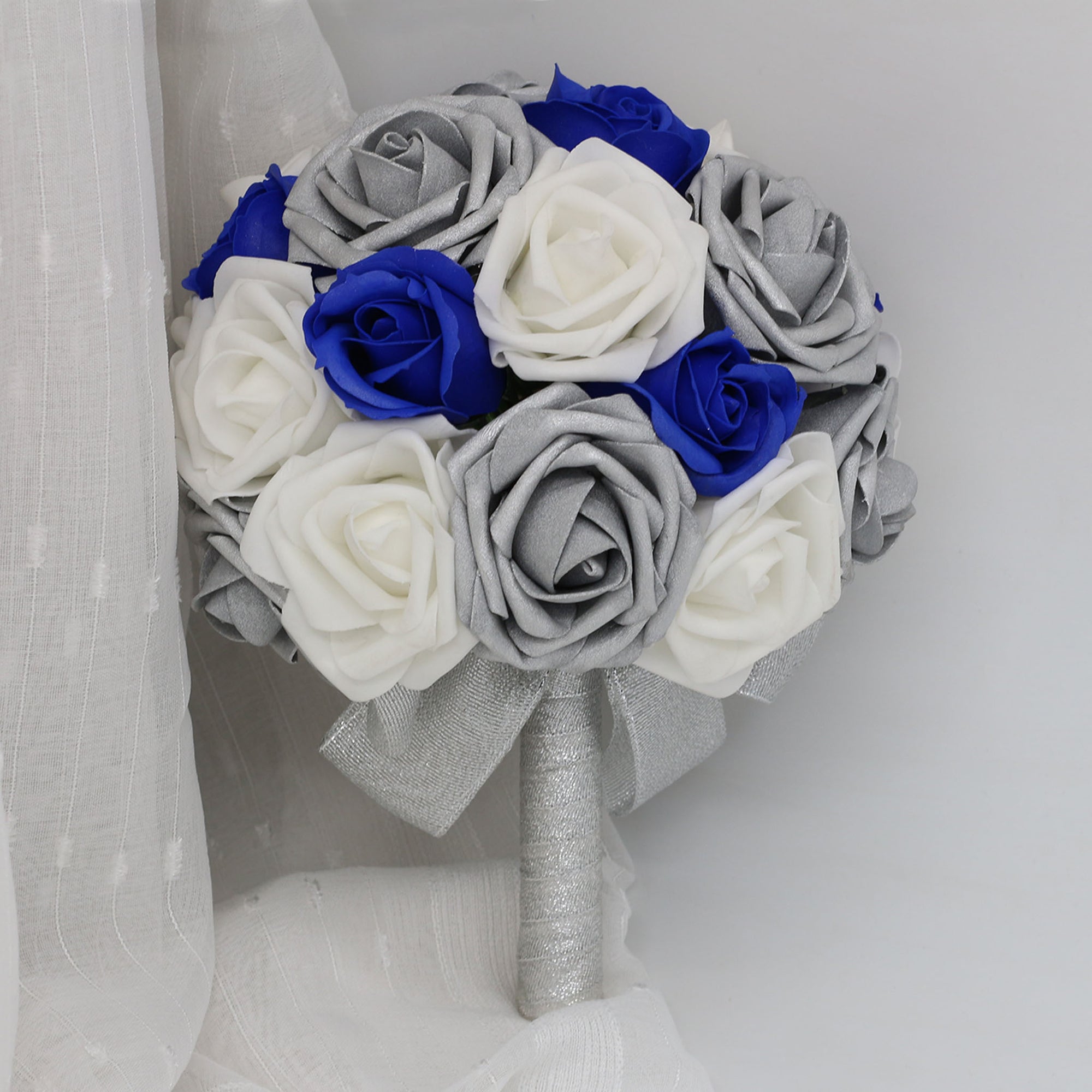 Silver White Artificial Bouquet of Roses Royal Blue Classic Wedding Bouquet