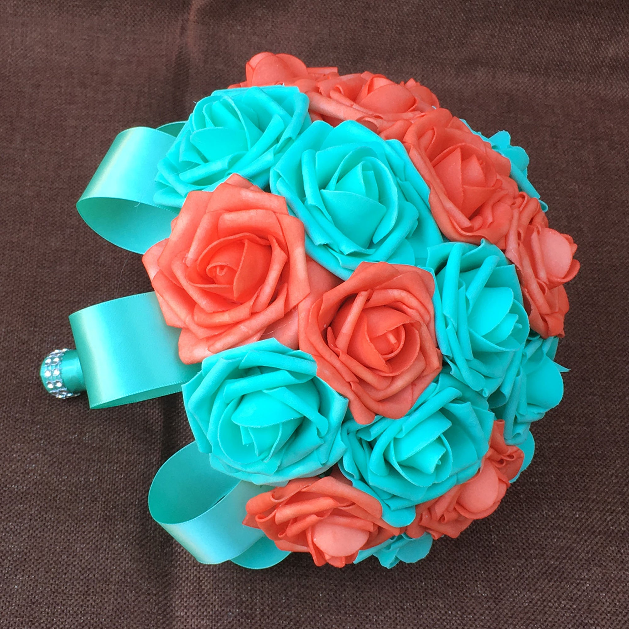Spa Blue and Coral Bridal Wedding Bouquet