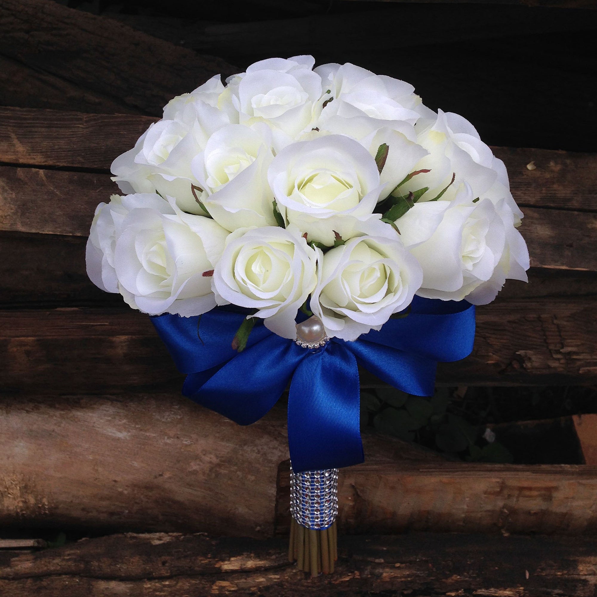 Bouquet of Silk Rose Buds Royal Blue Ribbon Bride Wedding Bouquet