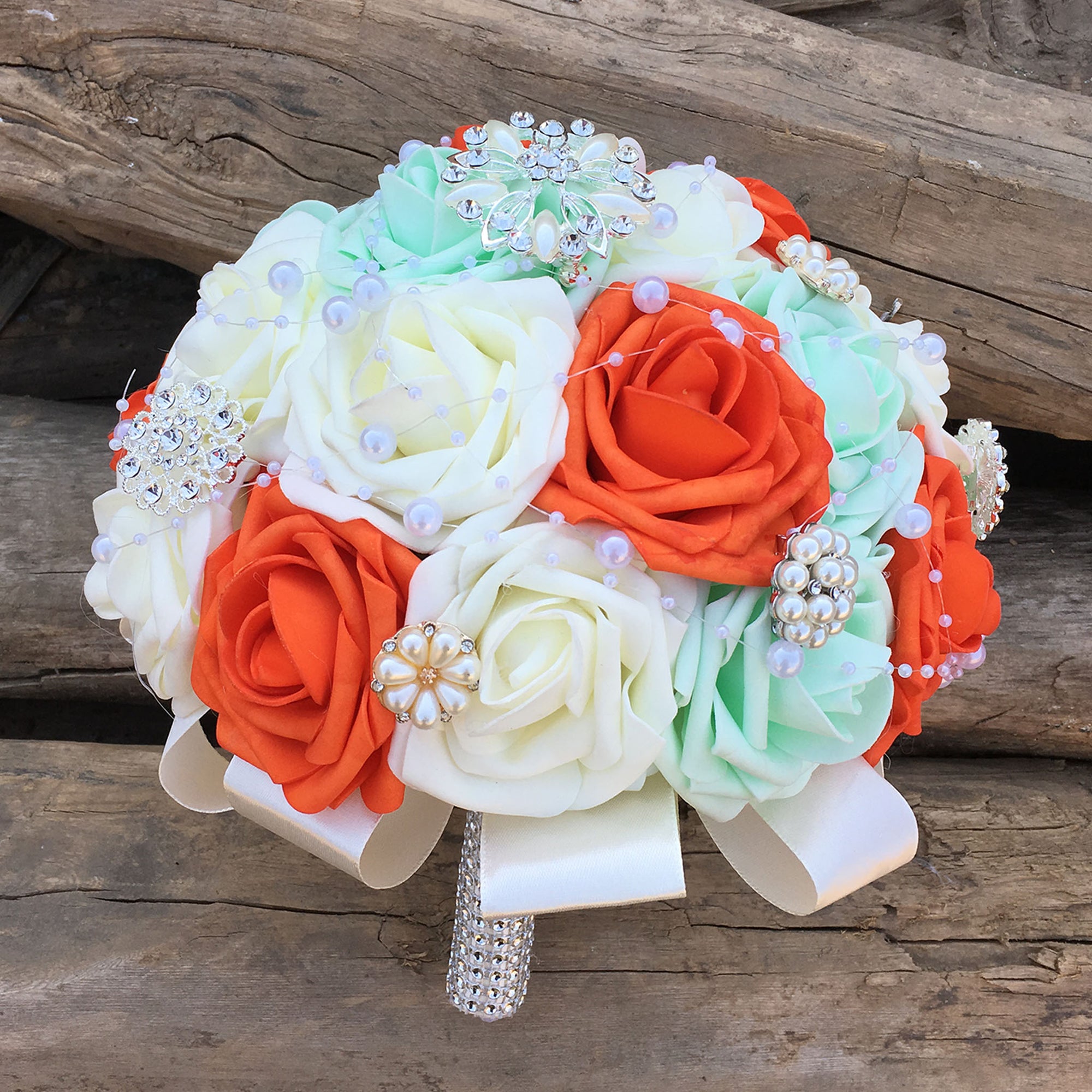 Orange Ivory Mint Bridal Wedding Bouquet 10 inch