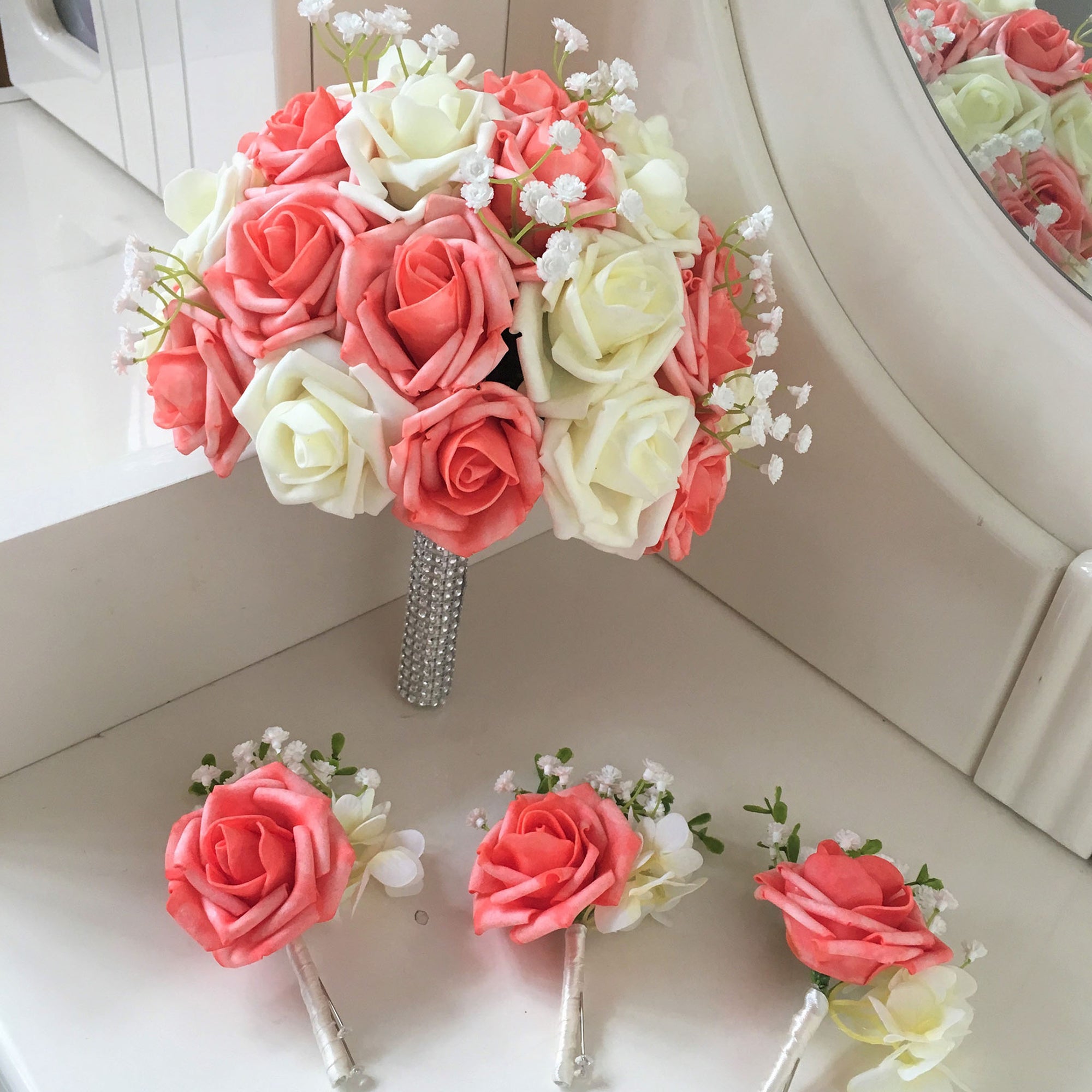 Flower Bouquet Artificial Roses Coral Ivory for Bridal Bridesmaids