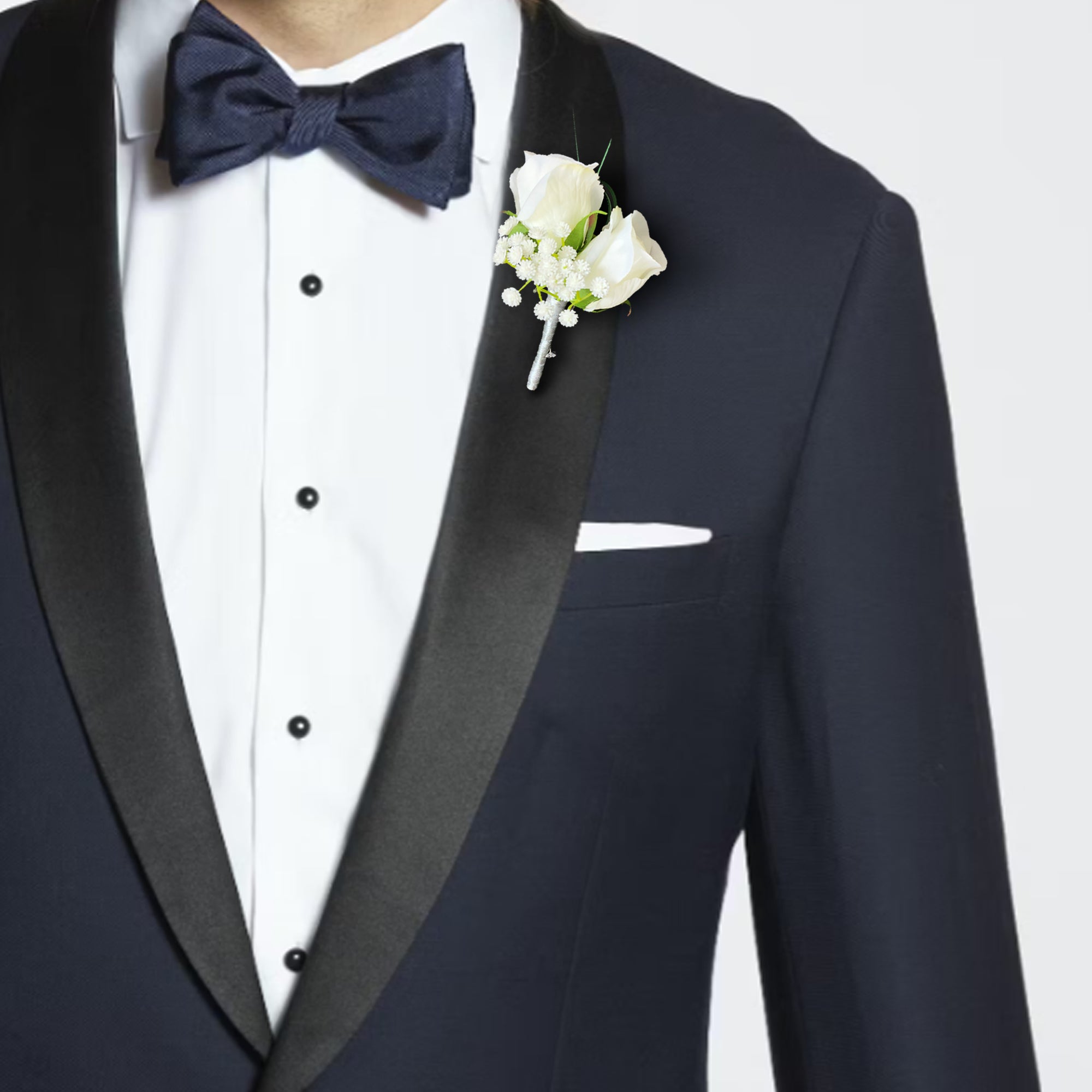 White Boutonniere Fake Rose Boutineer for Groom Best Man