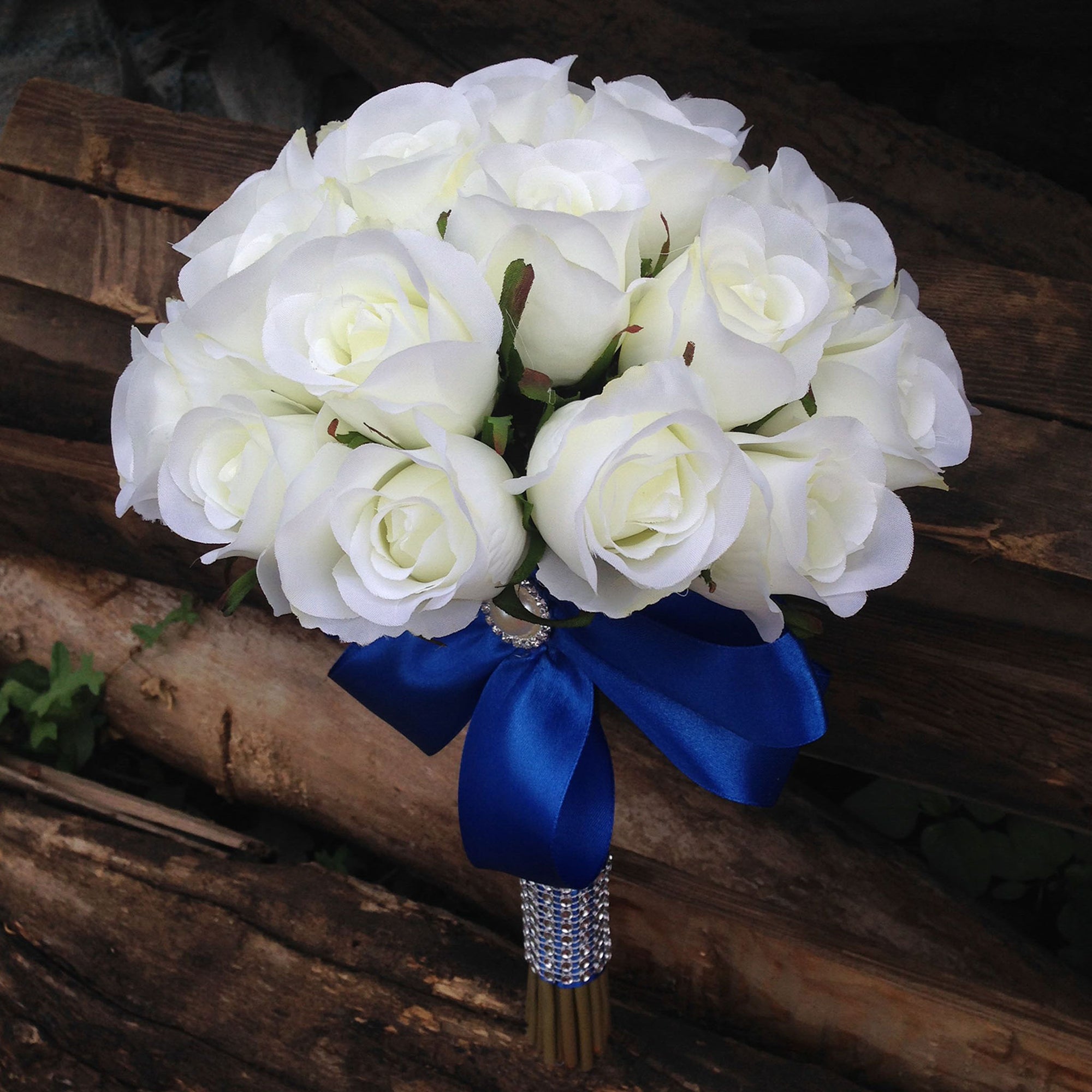 Bouquet of Silk Rose Buds Royal Blue Ribbon Bride Wedding Bouquet