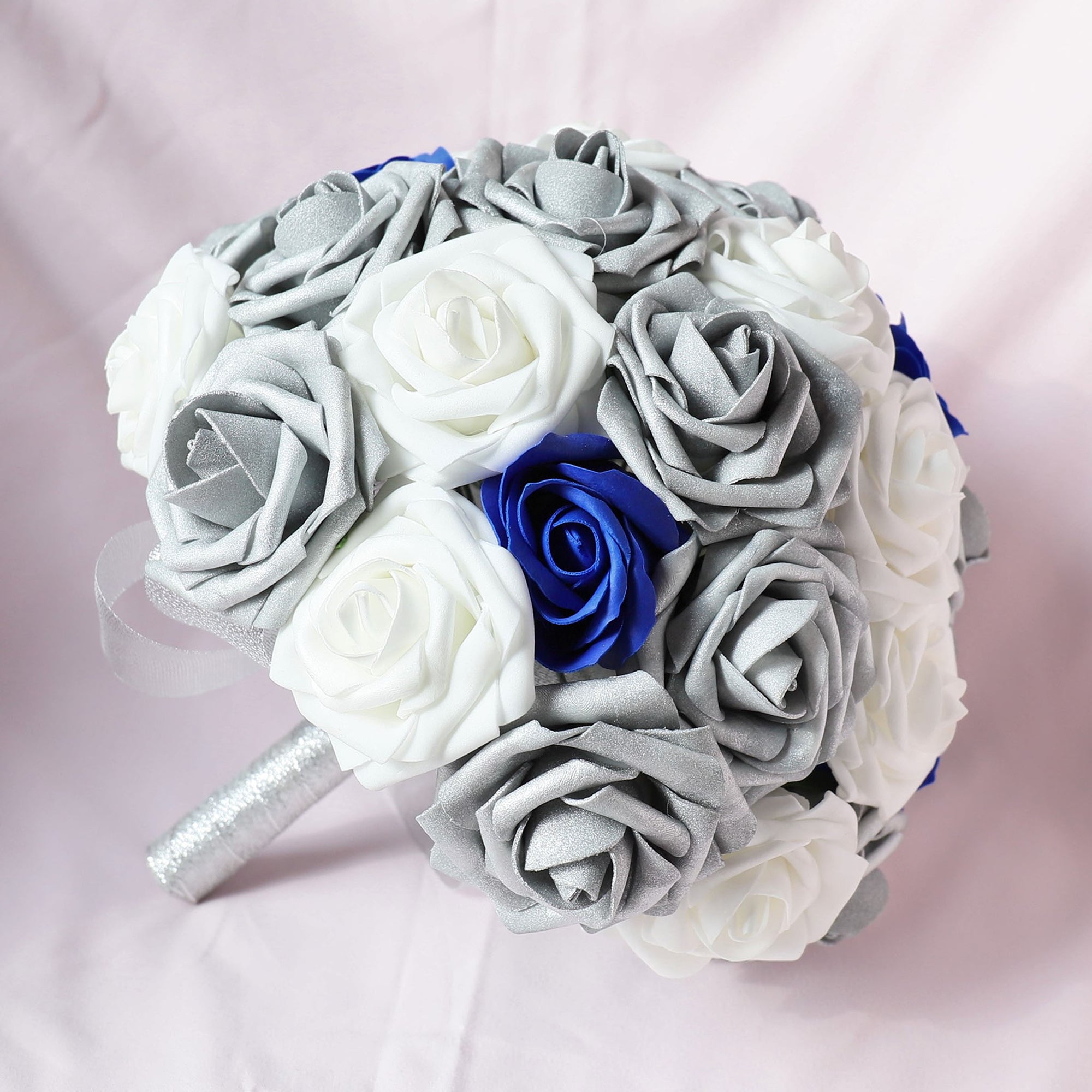 Silver White Artificial Bouquet of Roses Royal Blue Classic Wedding Bouquet