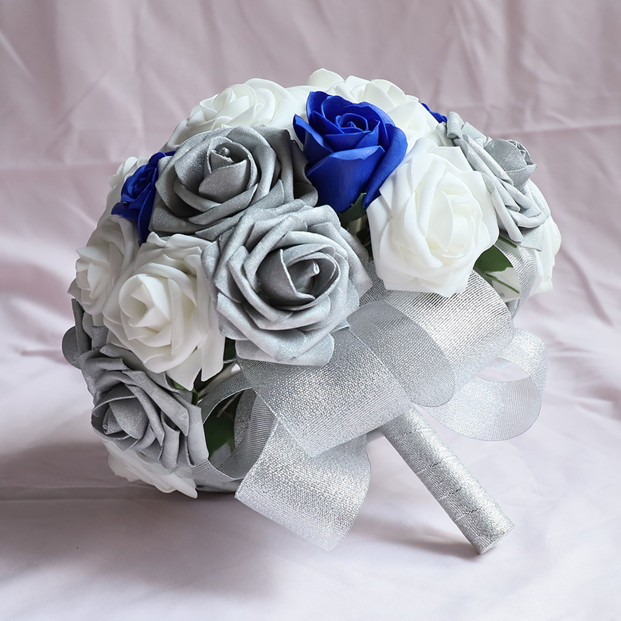 Silver White Artificial Bouquet of Roses Royal Blue Classic Wedding Bouquet