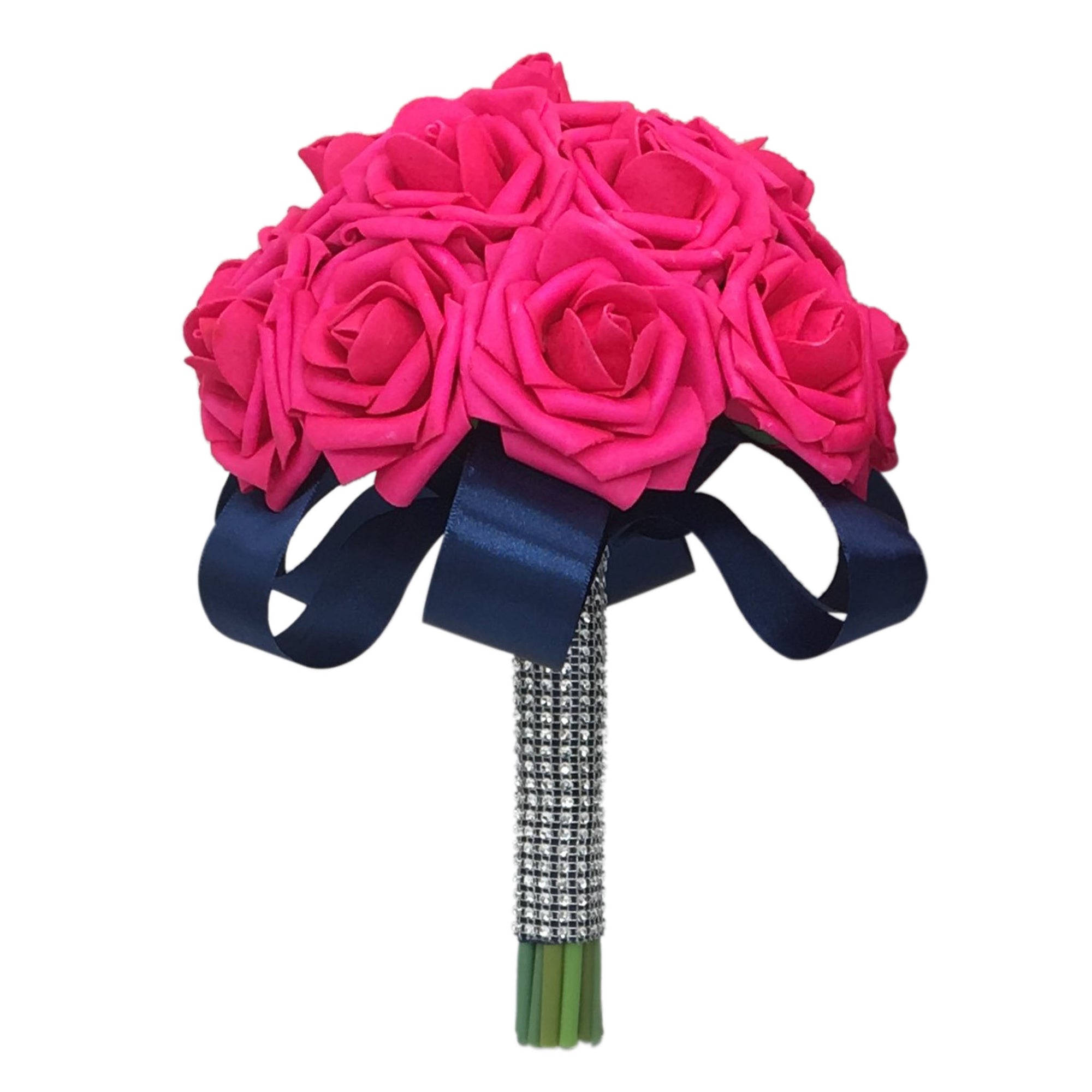 Hot Pink Bride Flower Bouquet Artificial Roses Navy Blue Ribbon