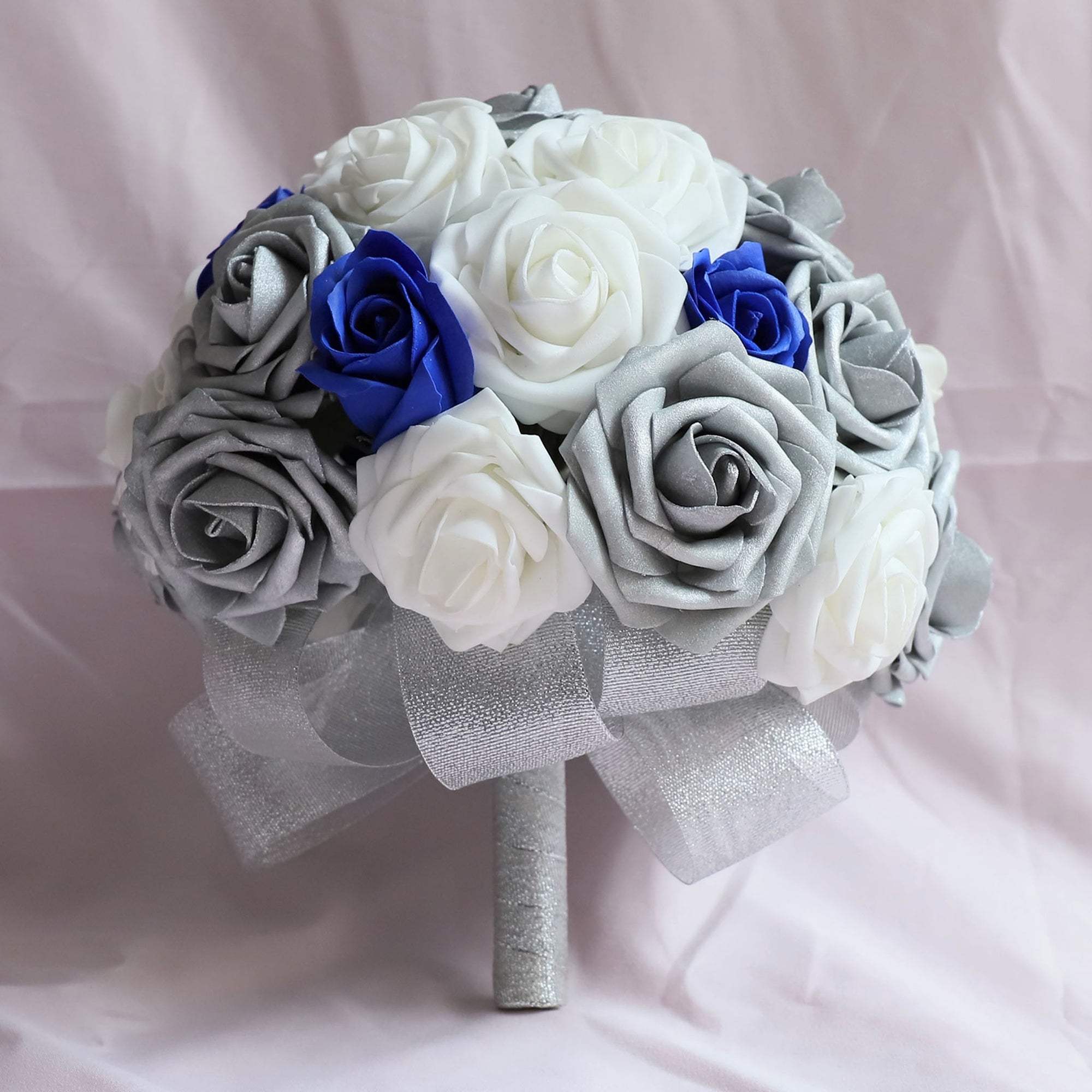 Silver White Artificial Bouquet of Roses Royal Blue Classic Wedding Bouquet