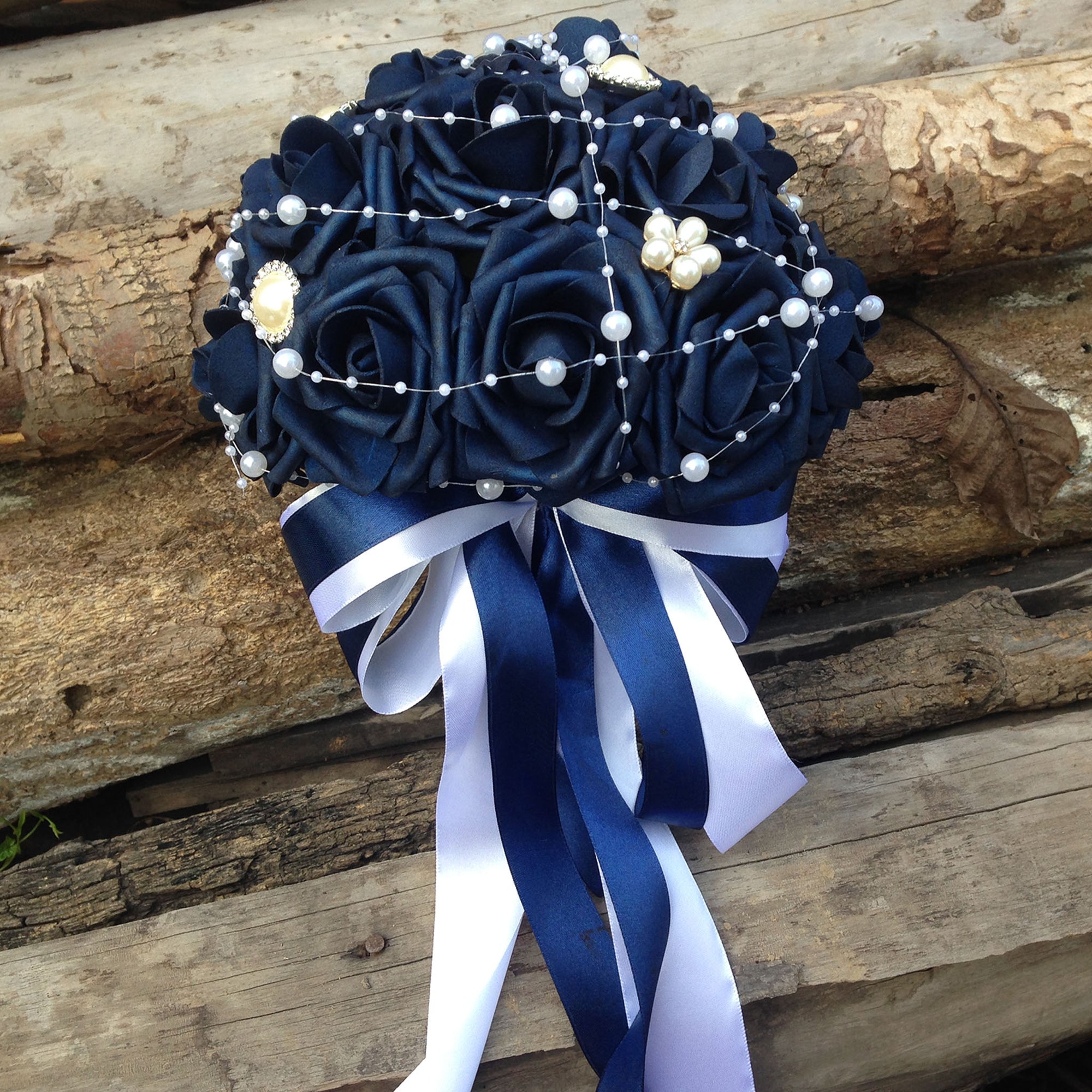 Bridal Bouquet Navy Blue Roses Artificial Wedding Bouquet Pearls