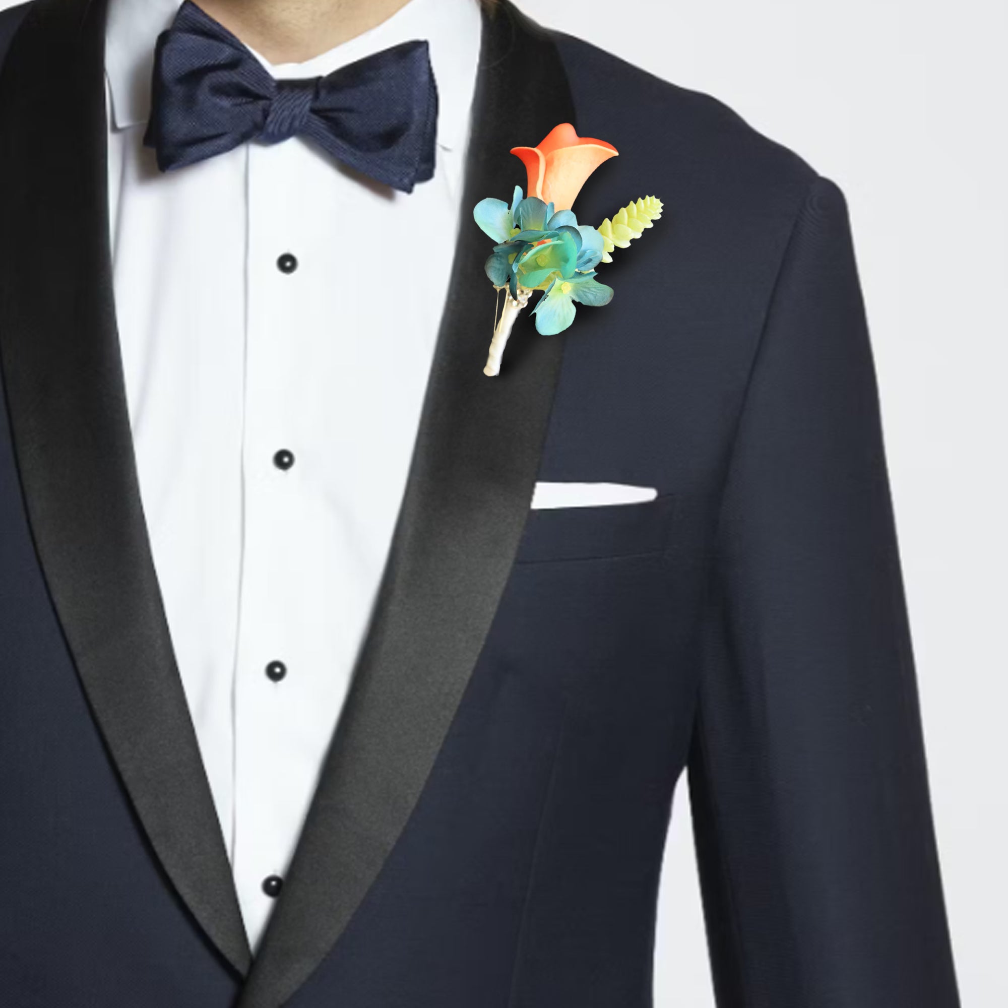 Calla Lily Coral Boutonniere Groom Teal Hydrangea