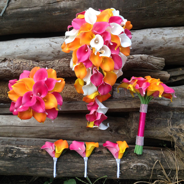 white and orange calla lily bouquet Orange Fuchsia White Calla Lily Cascade Bouquet Flower Girl Bouquet