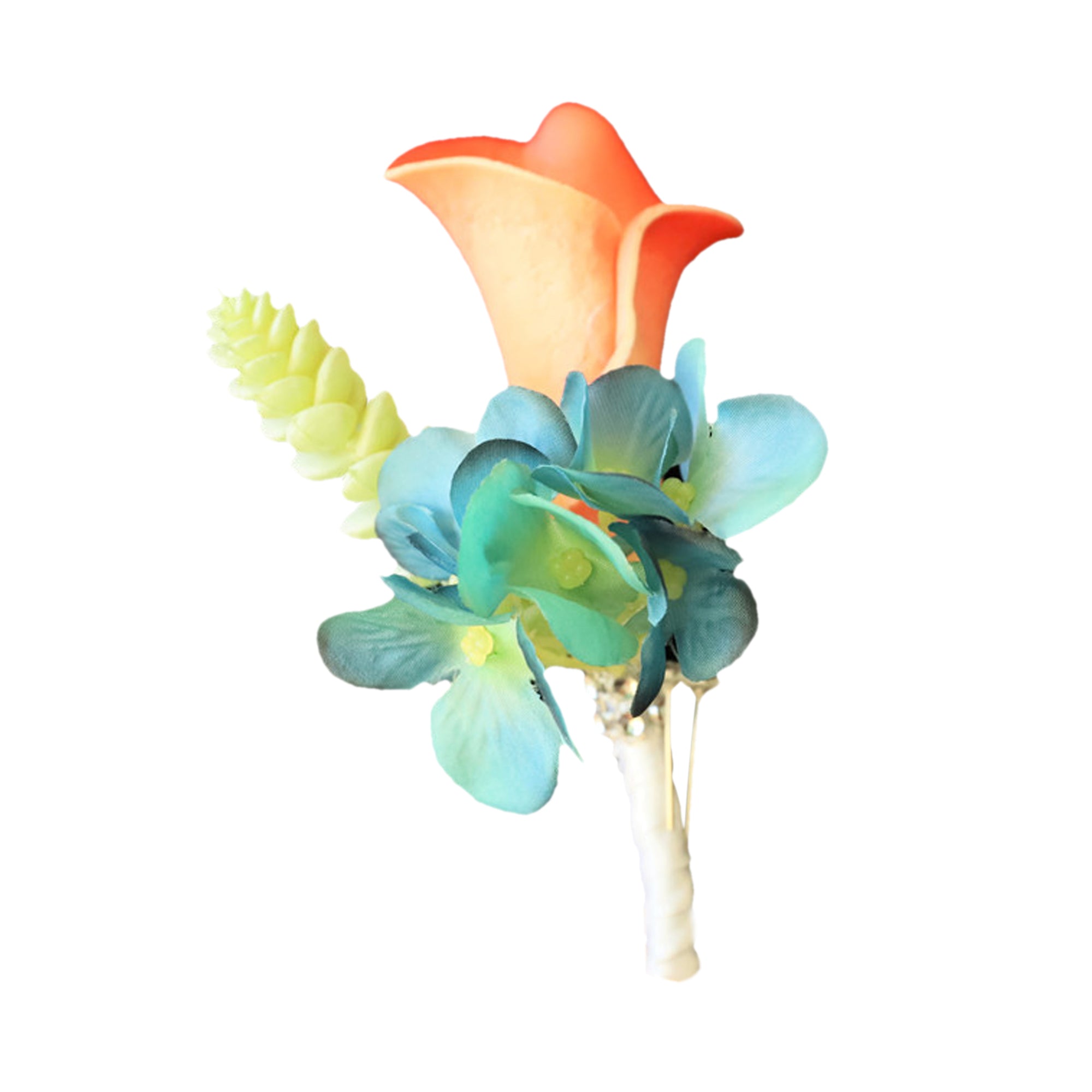 Calla Lily Coral Boutonniere Groom Teal Hydrangea