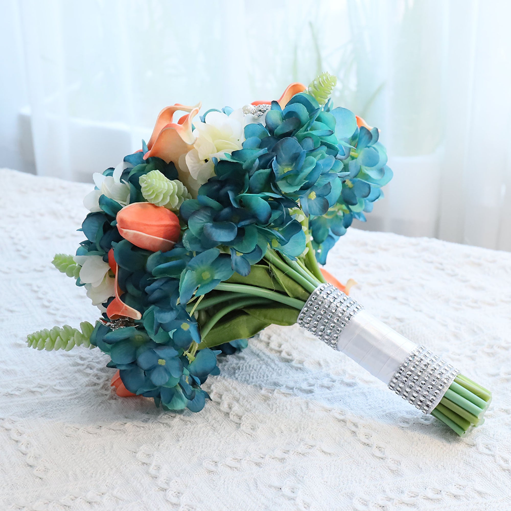 blue hydrangea and white calla lily bouquet Bridal Bouquet Coral Calla Lily Tulips Teal Hydrangea
