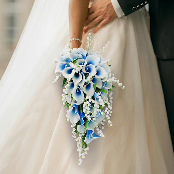 white calla lily and blue rose bouquet Cascade Bridal Blue Calla Lilies Bouquet Lily of the Valley