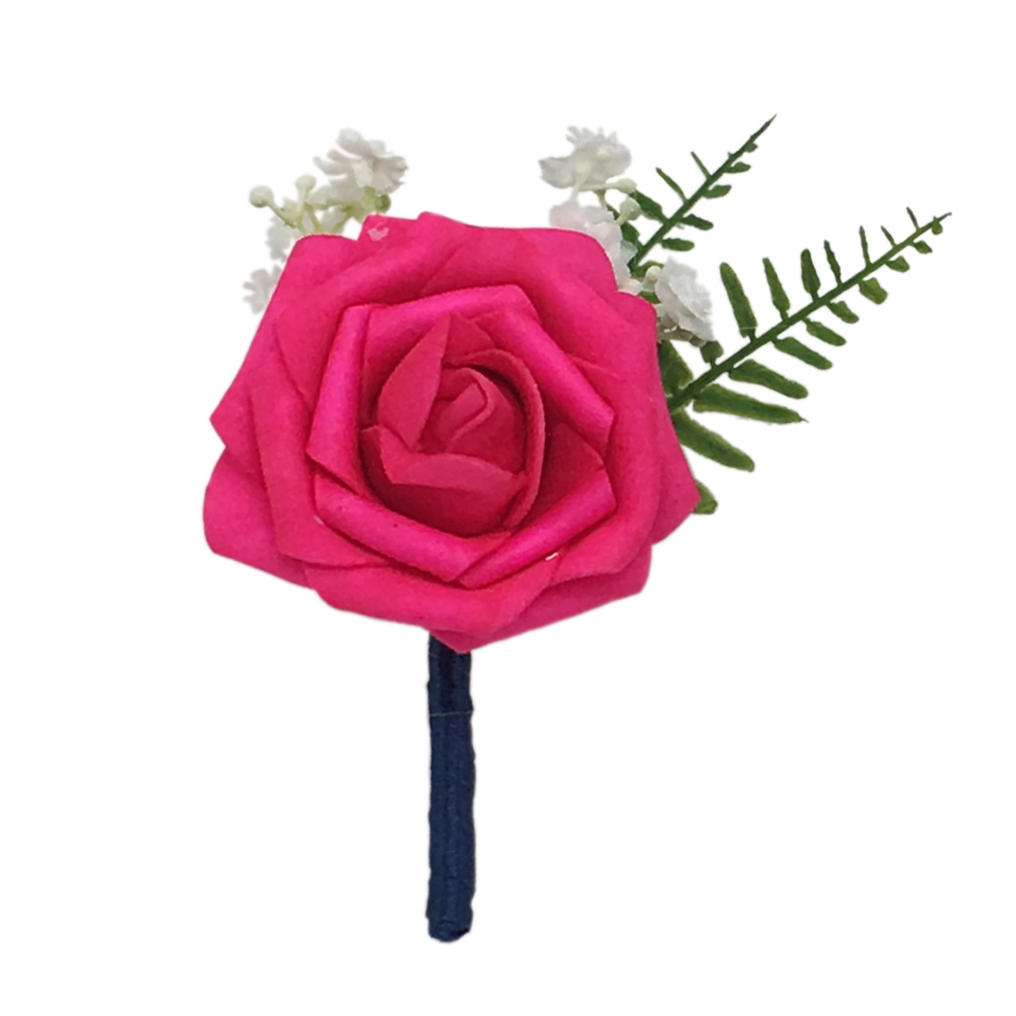 Hot Pink Bride Flower Bouquet Artificial Roses Navy Blue Ribbon