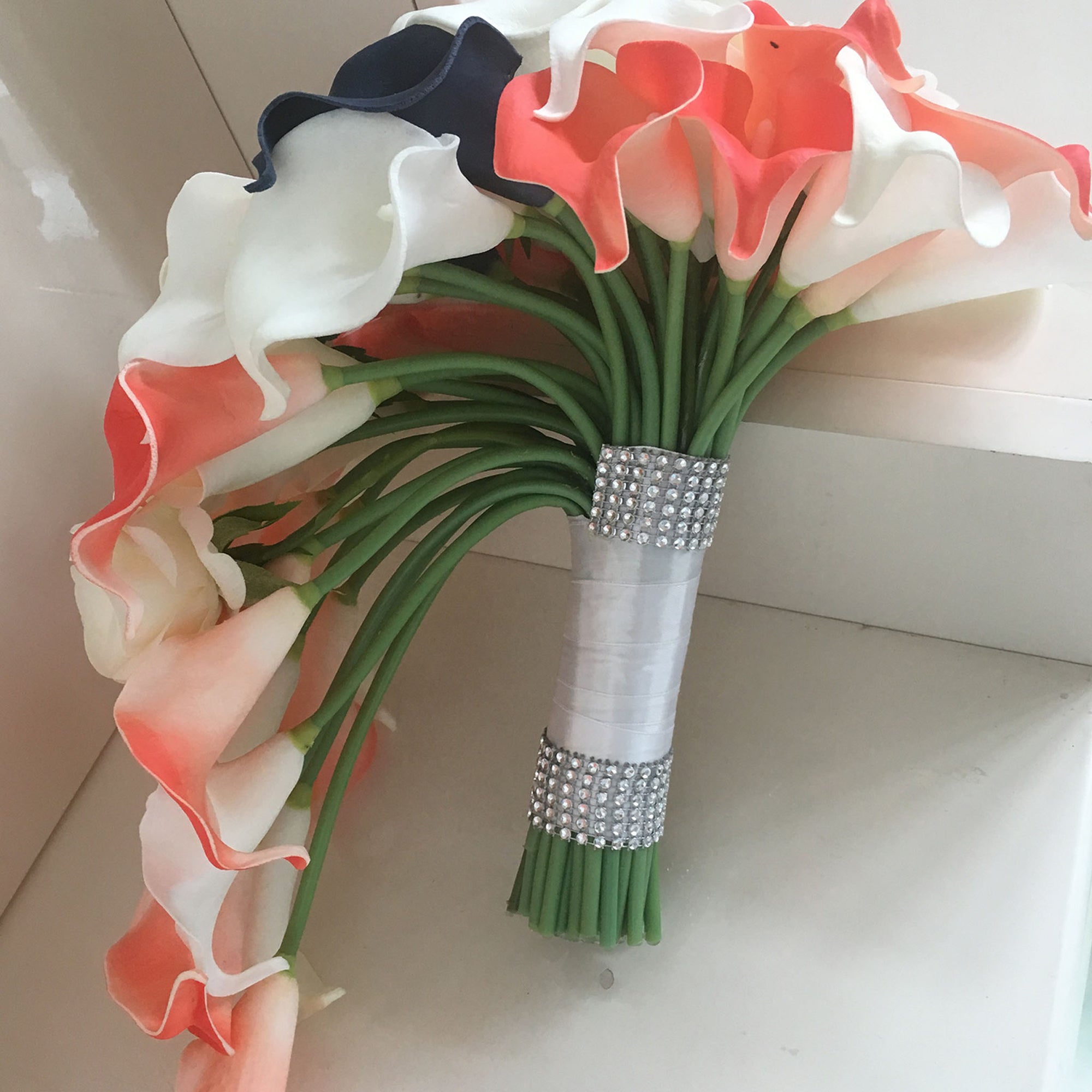 Coral and Navy Wedding Flowers Bridal Bridesmaids Bouquets Corsages