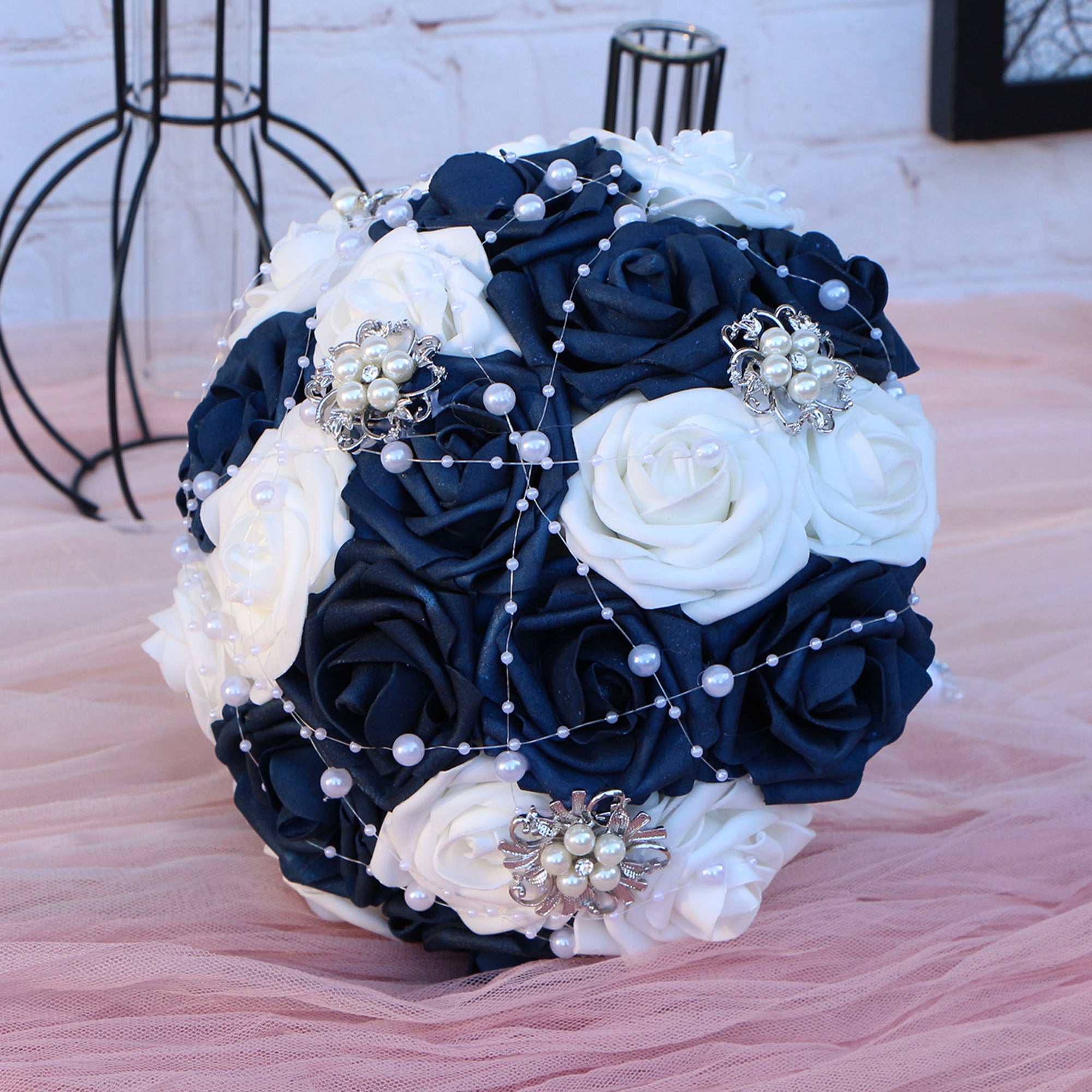 Navy and White Roses Bridal Bouquet Artificial Blue Flower Bouquet