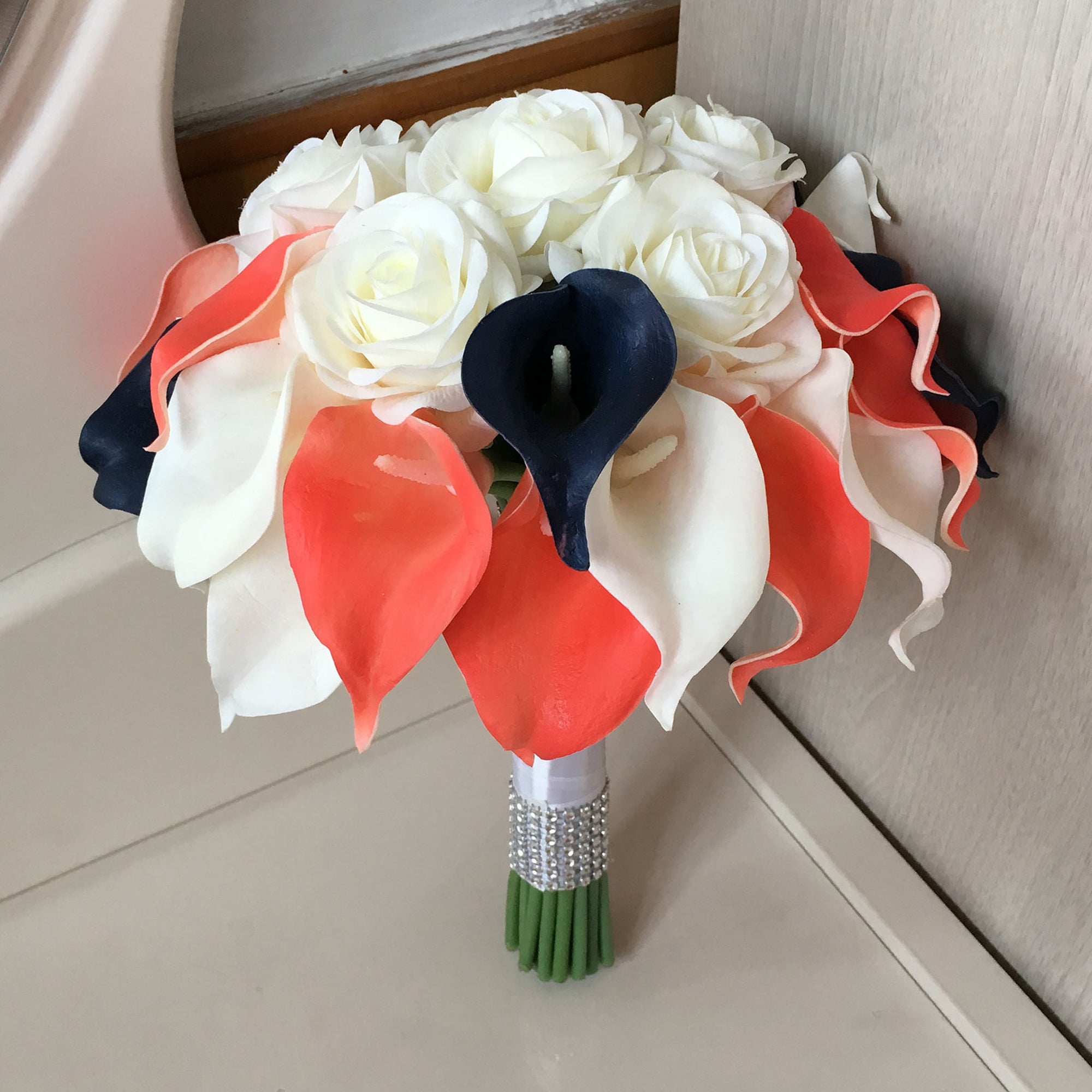 Coral and Navy Wedding Flowers Bridal Bridesmaids Bouquets Corsages