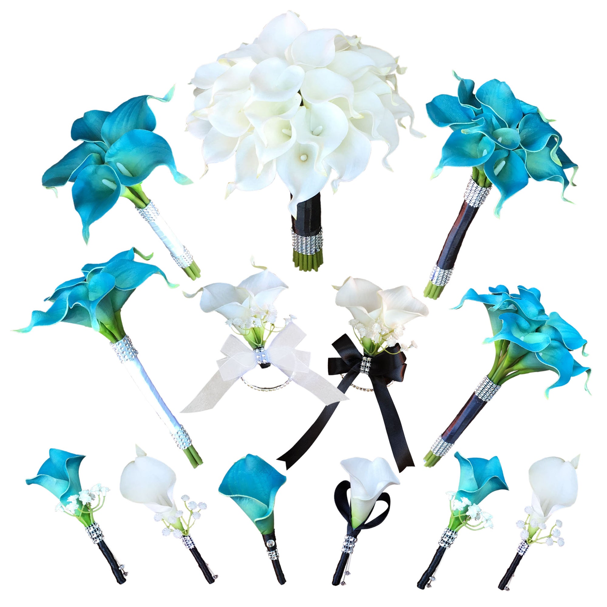 White Calla Lily Bouquet Corsages Boutonniere Teal Bridesmaids Bouquet