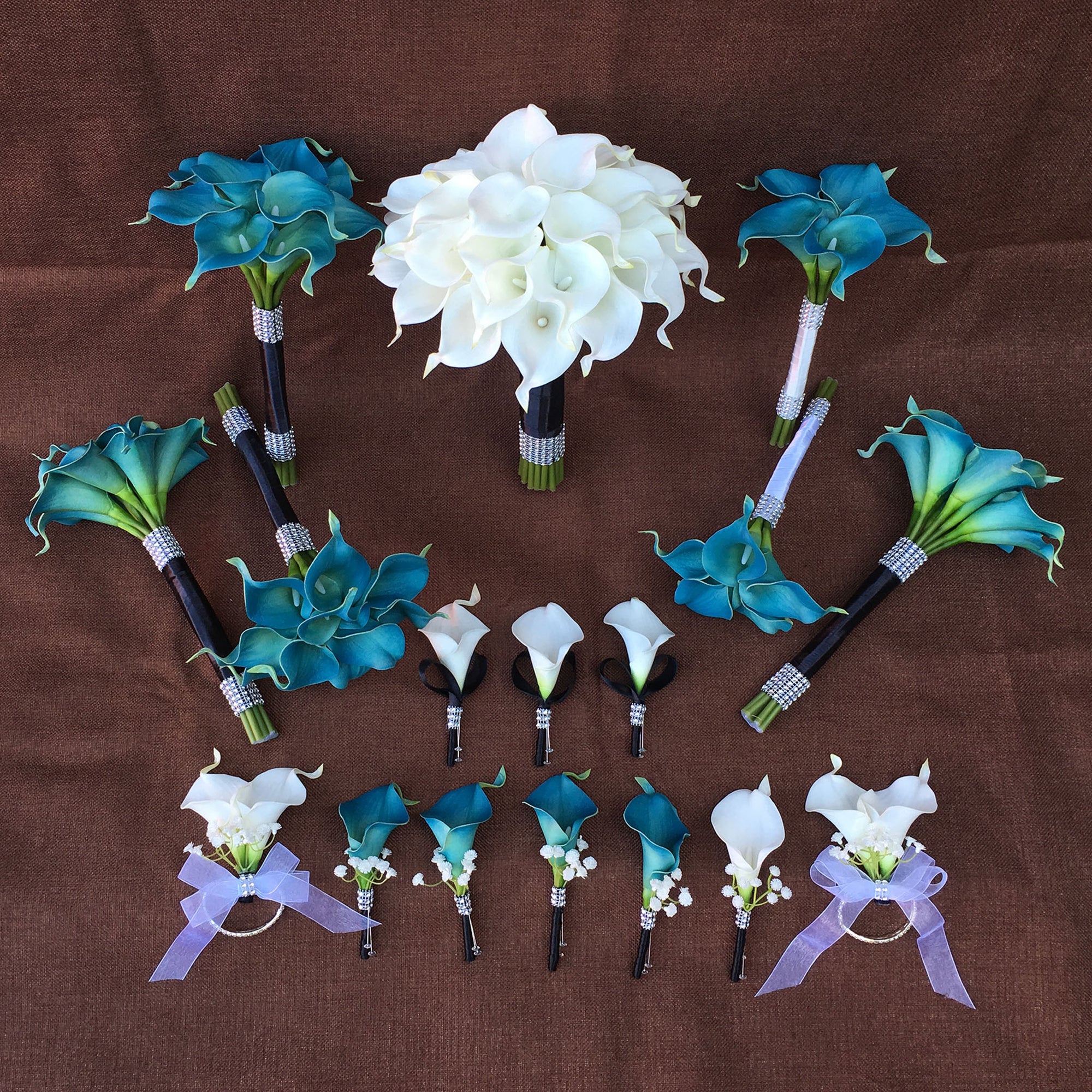 White Calla Lily Bouquet Corsages Boutonniere Teal Bridesmaids Bouquet