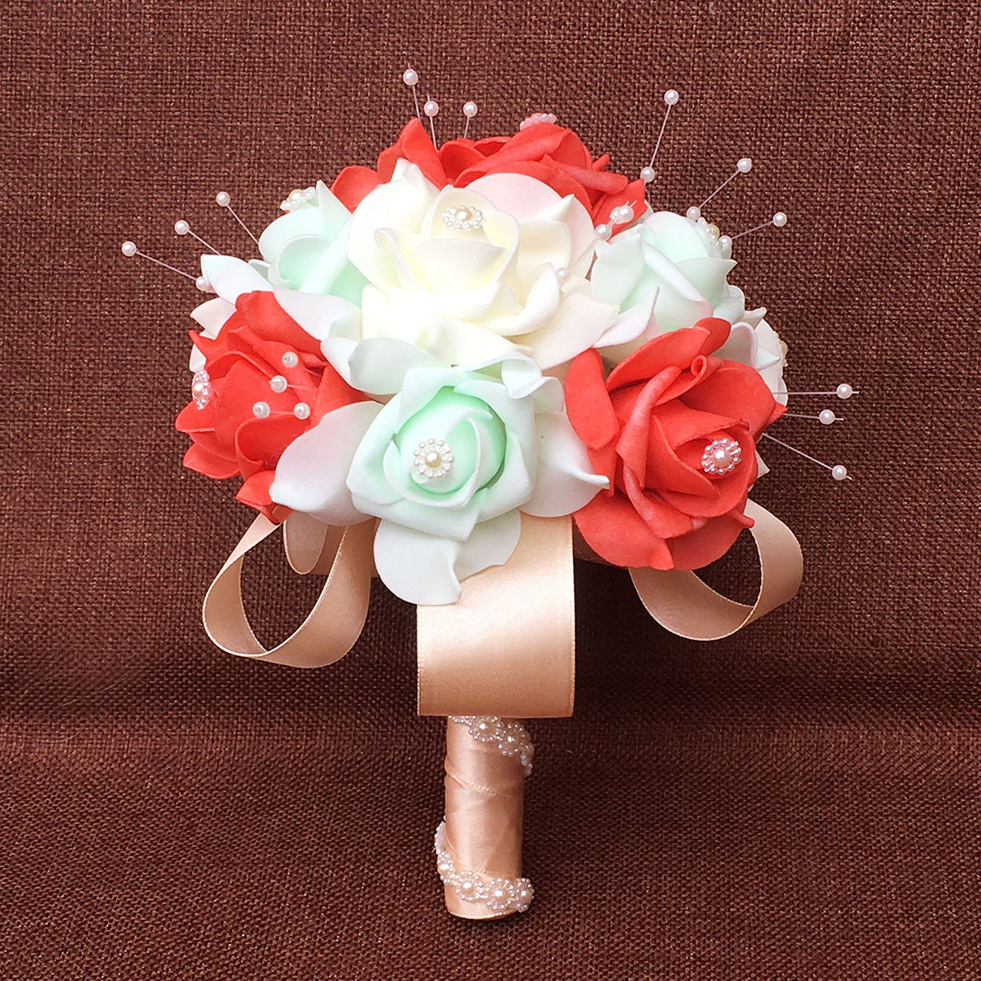Coral Mint Ivory Flower Bouquet Artificial Bridesmaid Bouquet