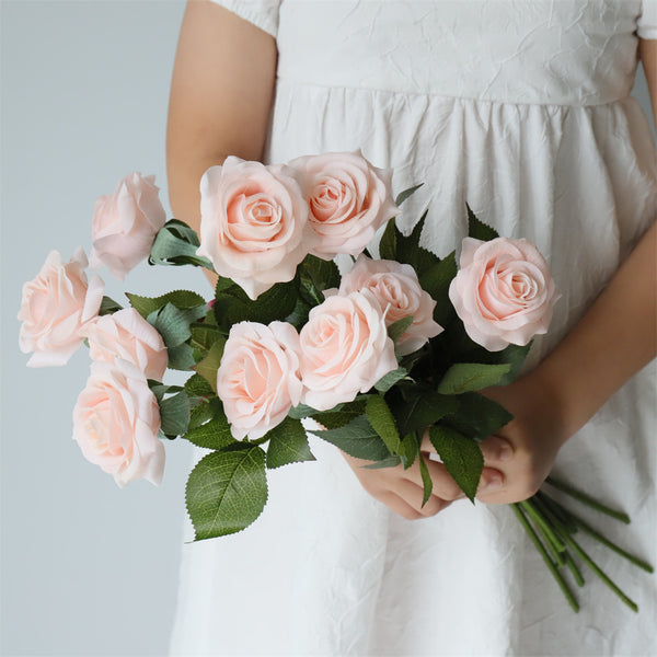 Realistic Blush Pink Roses Real Touch Flowers 10pcs - VANRINA
