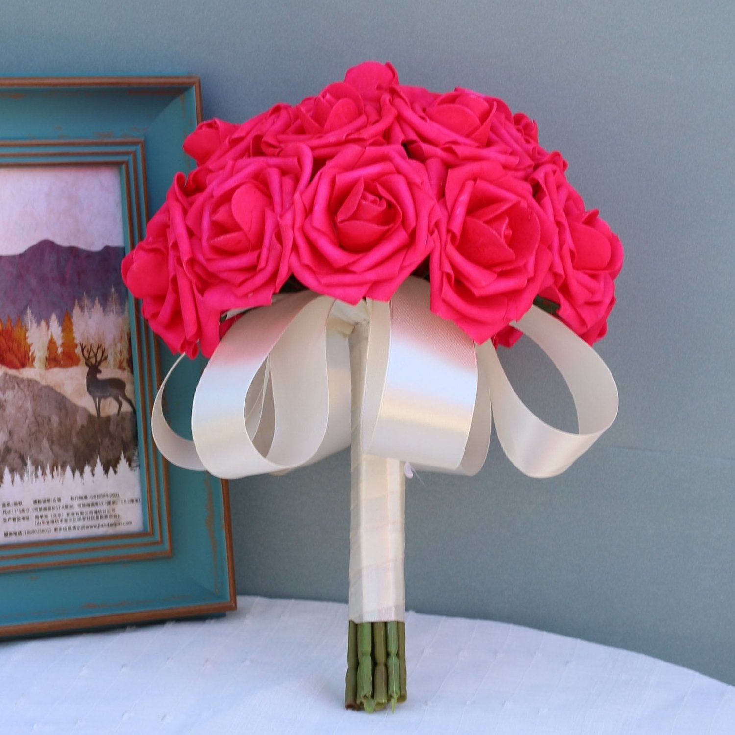 Artificial Bridal Hot Pink Bouquet Ivory Ribbon - VANRINA