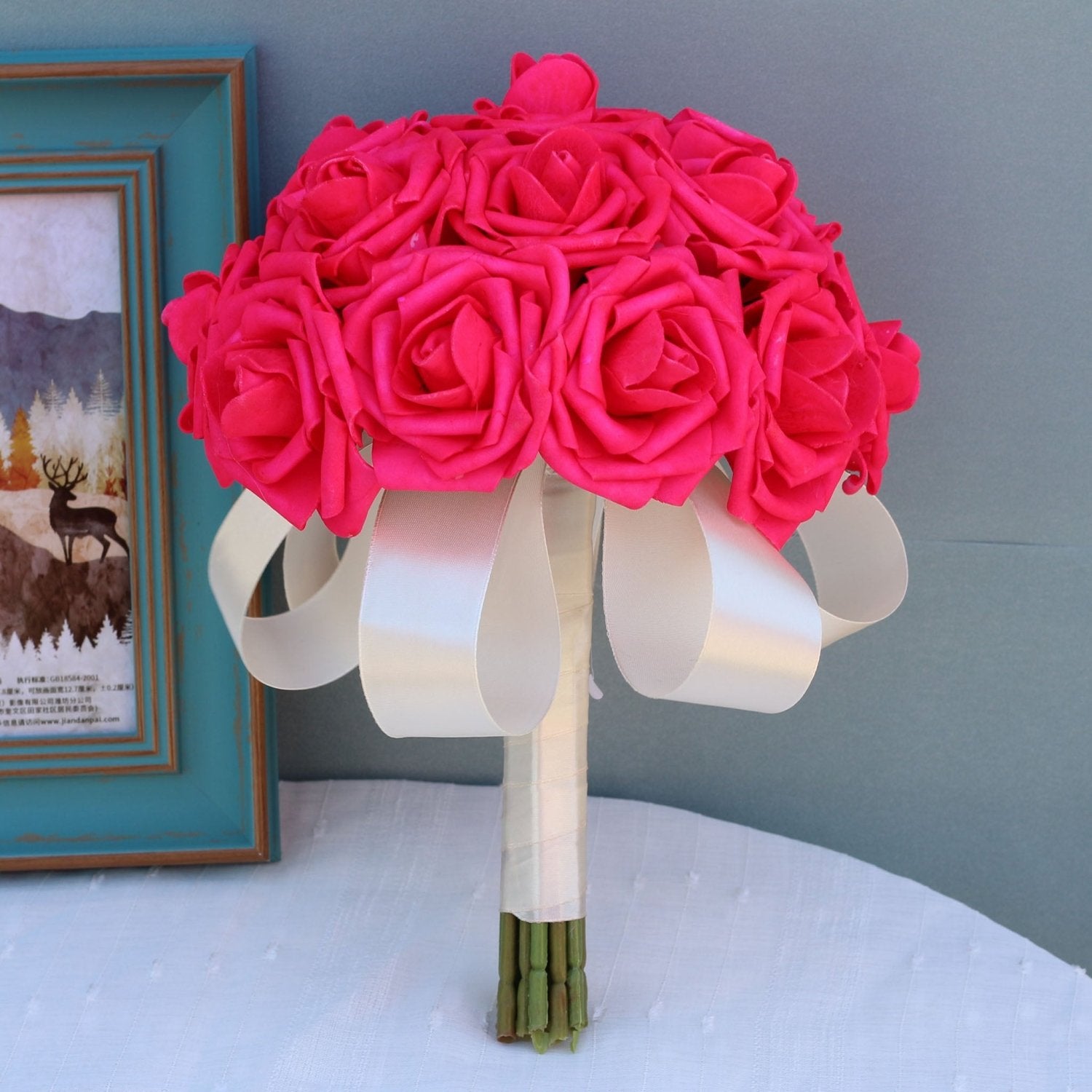 Artificial Bridal Hot Pink Bouquet Ivory Ribbon - VANRINA