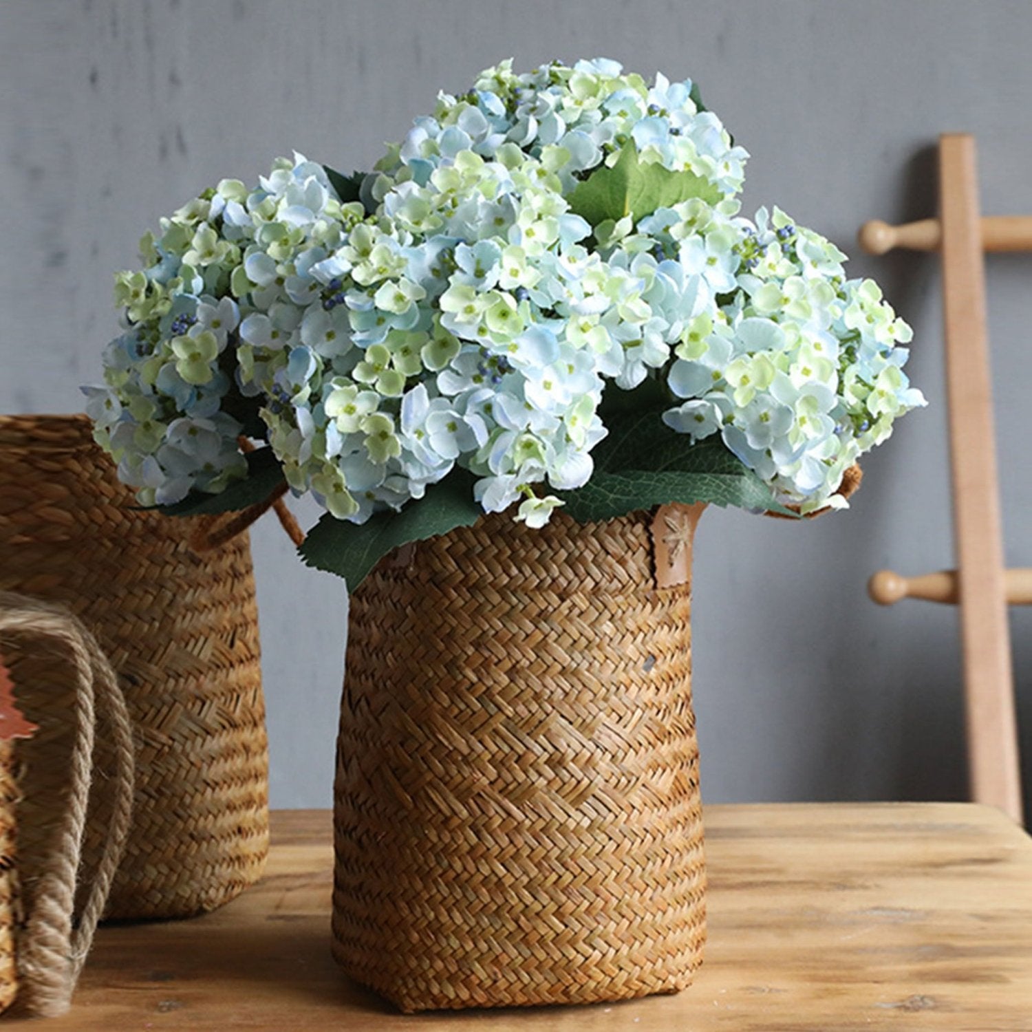 Blue Green Artificial Hydrangea Flower 5pcs - VANRINA