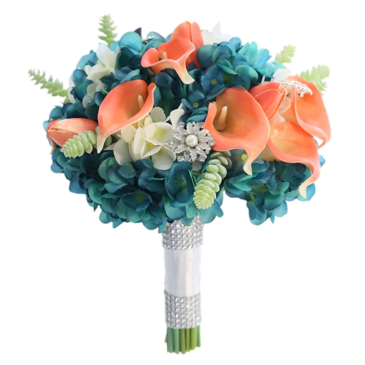 Bridal Bouquet Coral Calla Lily Tulips Teal Hydrangea - VANRINA