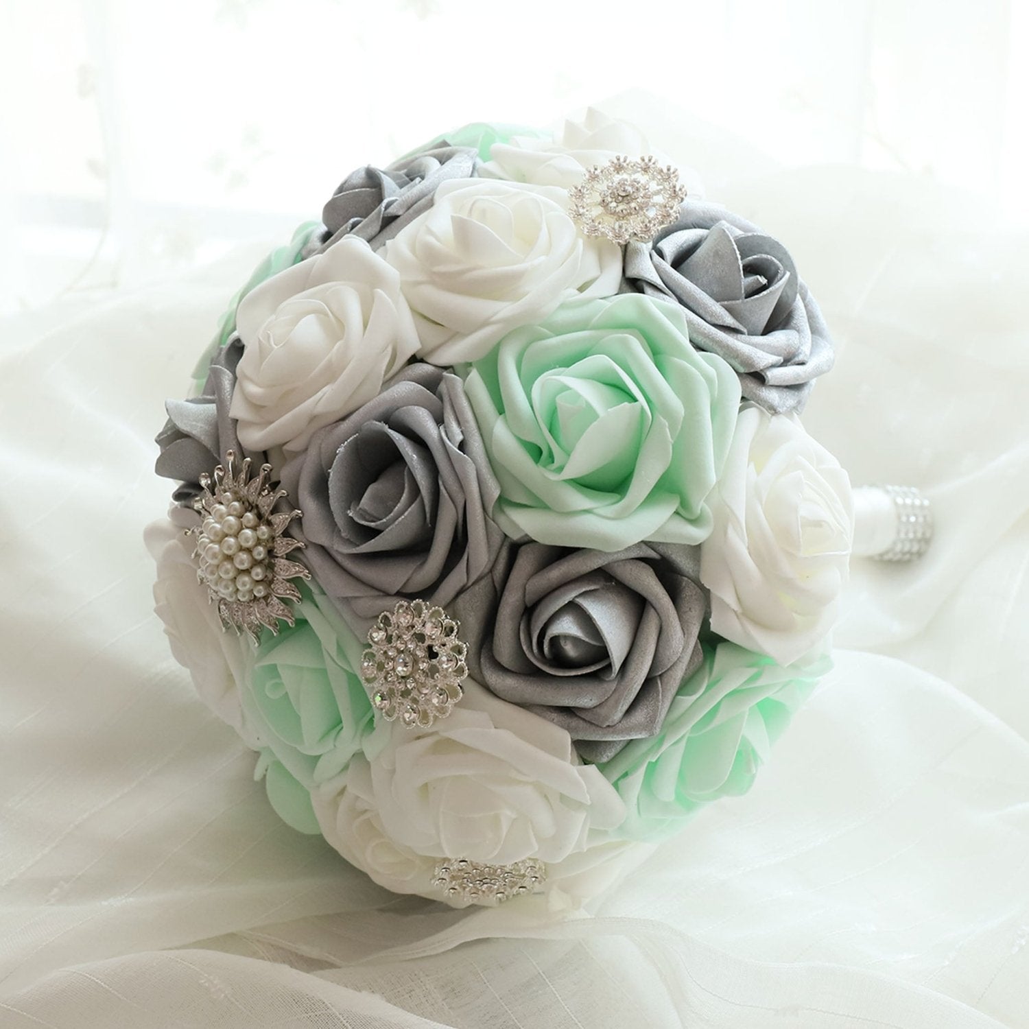 Bridal Bouquet Mint White Silver Roses - VANRINA