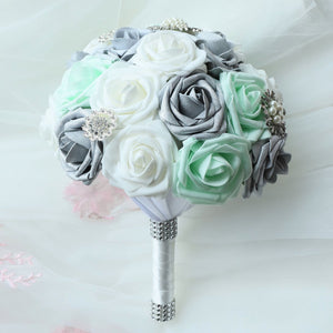 Bridal Bouquet Mint White Silver Roses - VANRINA