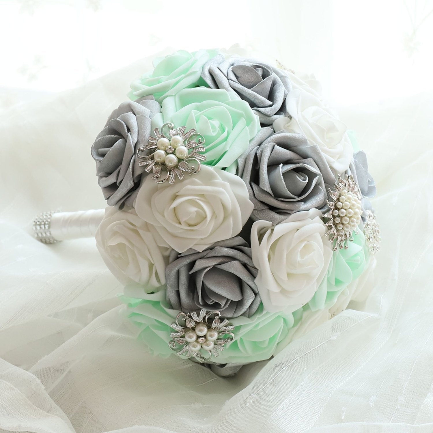Bridal Bouquet Mint White Silver Roses - VANRINA