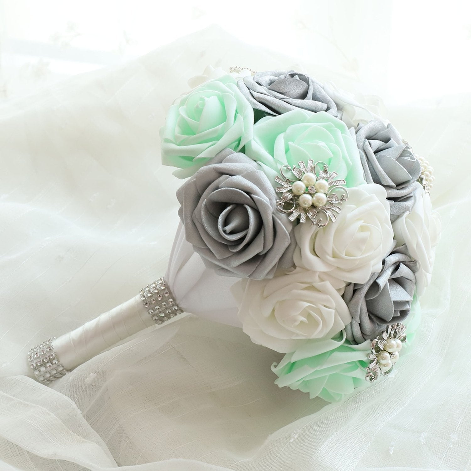 Bridal Bouquet Mint White Silver Roses - VANRINA