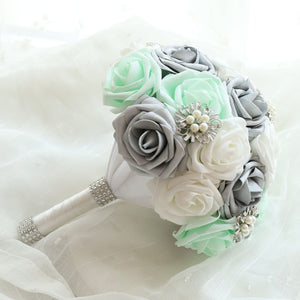 Bridal Bouquet Mint White Silver Roses - VANRINA