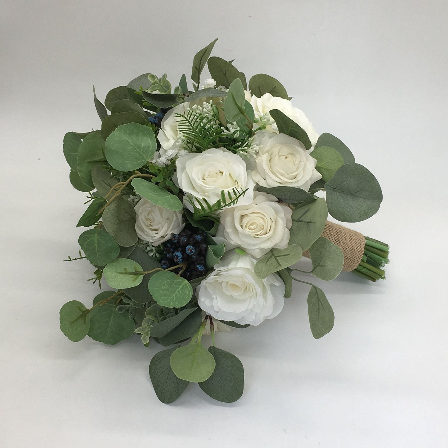 Bridal Bouquet Rustic Wedding Bouquet Faux Eucalyptus Ivory Roses - VANRINA