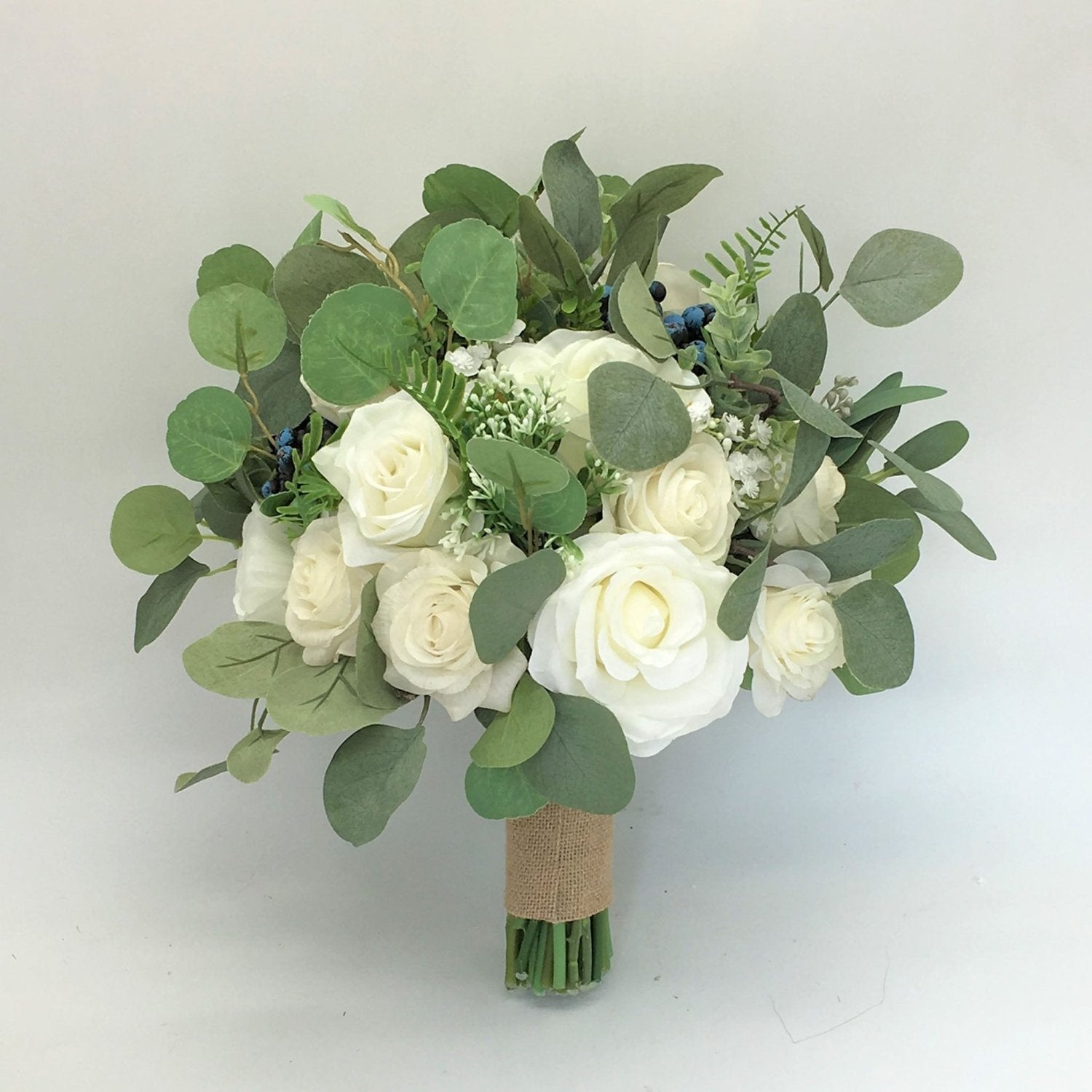 Bridal Bouquet Rustic Wedding Bouquet Faux Eucalyptus Ivory Roses - VANRINA