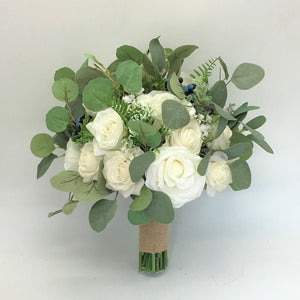 Bridal Bouquet Rustic Wedding Bouquet Faux Eucalyptus Ivory Roses - VANRINA