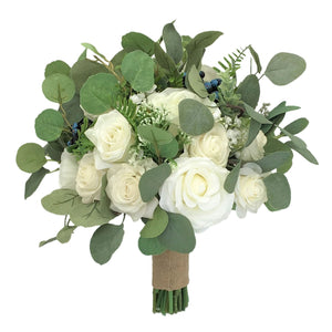 Bridal Bouquet Rustic Wedding Bouquet Faux Eucalyptus Ivory Roses - VANRINA