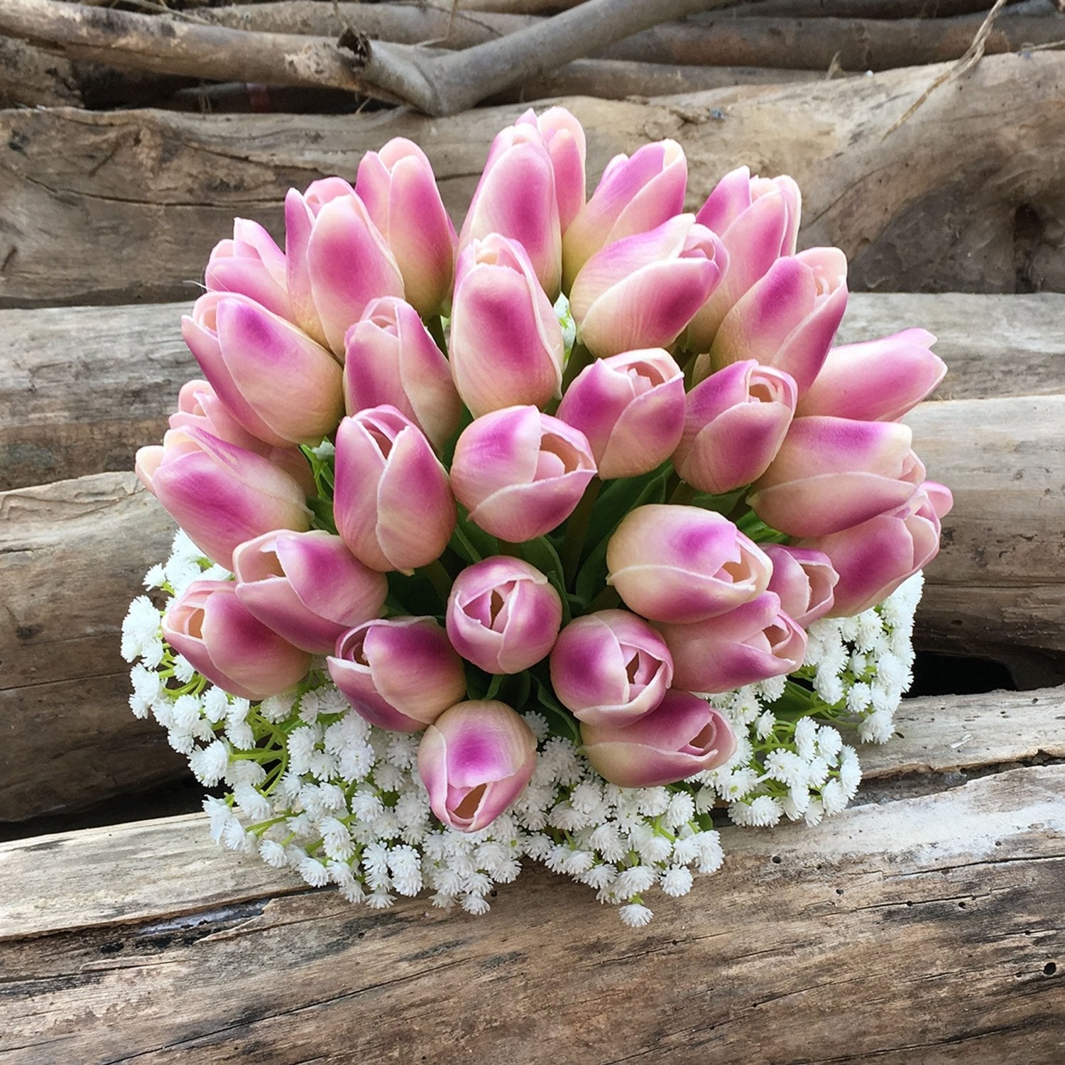 Bridal Tulips Bouquet with Babysbreath Faux Tulip Bouquet - VANRINA