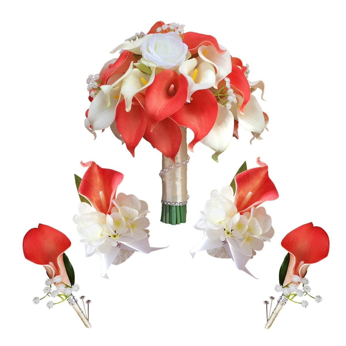 Calla Lily Bouquet in Coral for Wedding Flowers Corsages Boutonnieres - VANRINA